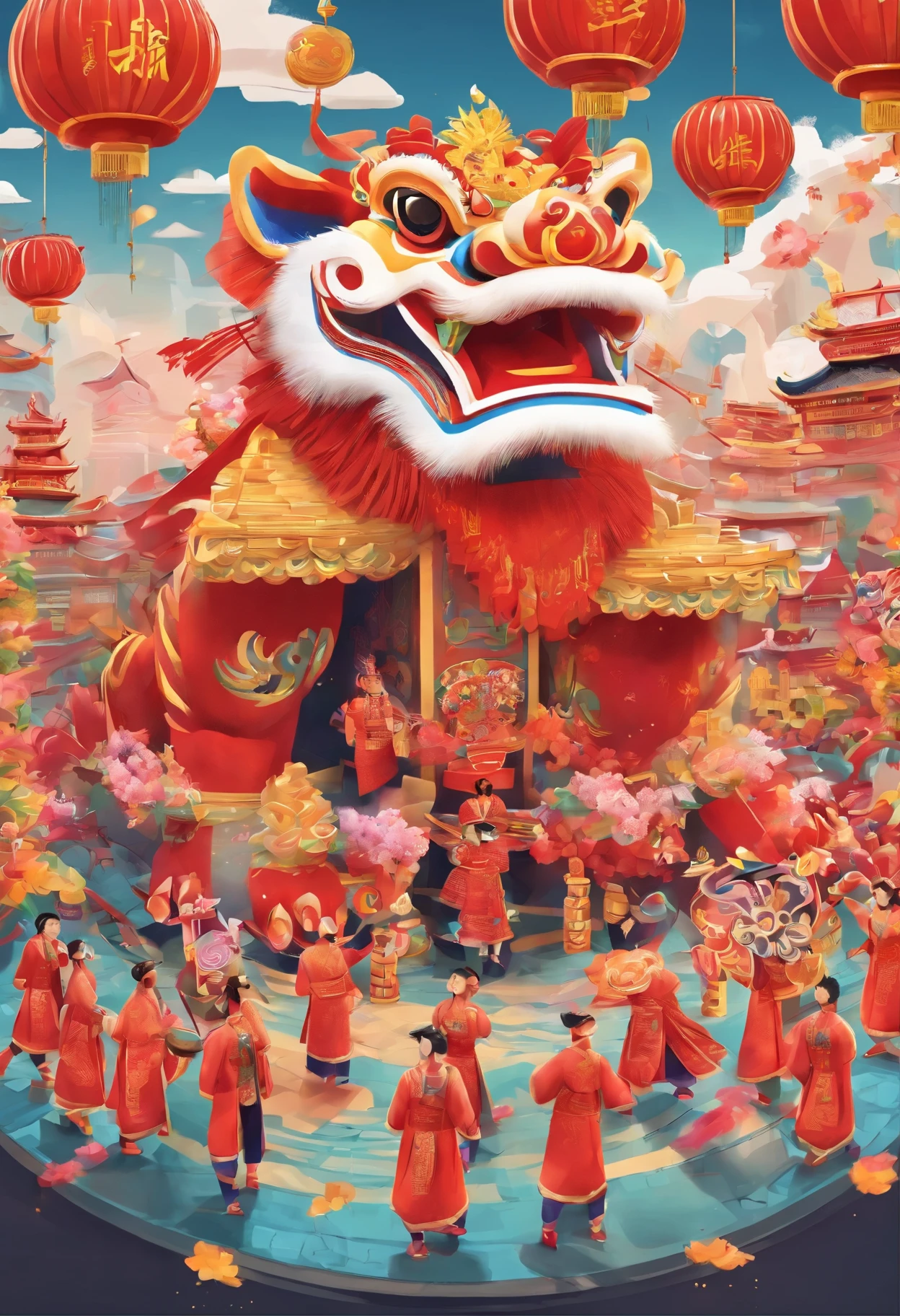 lion dance, depth of fields，jubilation, festivity, exhilarated, Streamers