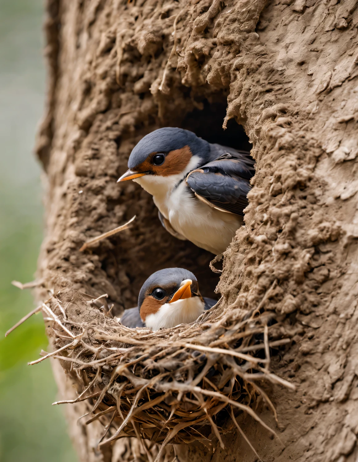 （Two little swallows fly and build a nest），Nests are often found in human dwellings.，in the gaps between bridges and other buildings，Sometimes they also build nests in tree holes。The nest is mainly made of a mixture of mud and saliva，cup or disk，There are multiple chambers inside，Used for hatching eggs。The nest has a rough appearance，Color is gray or brown，It&#39;s smoother inside，The color is slightly lighter。