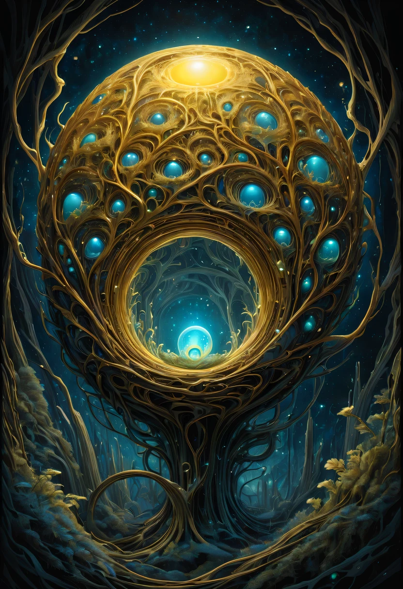 A magical golden nest from the abyss,Nest of alien life, Illumination of bioluminescent plants, The content is very detailed, Surrealism, 10k high resolution, Gouache style, scribble art, Glaslorne, Influenced by Art Nouveau, Given, and future, The Art of Lunar Encryption Wow,