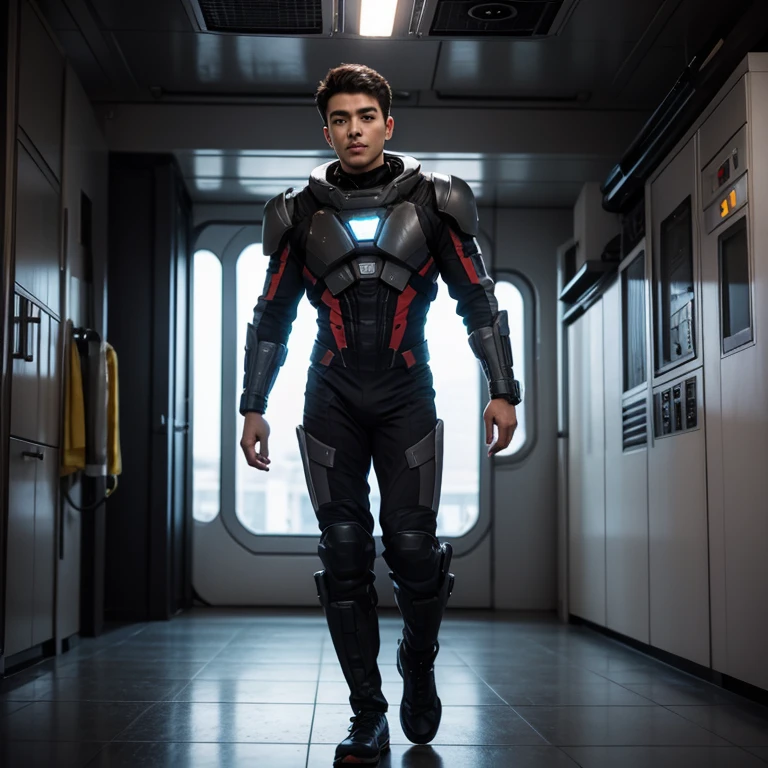 fking_scifi Black pilot suit with yellow accents, brown hair (gray eyes: 1.35), Thai, young, handsome, standing in front of a window on a spaceship, 80mm, bokeh, mass effect, long distance,full body, fking_cinema_v2