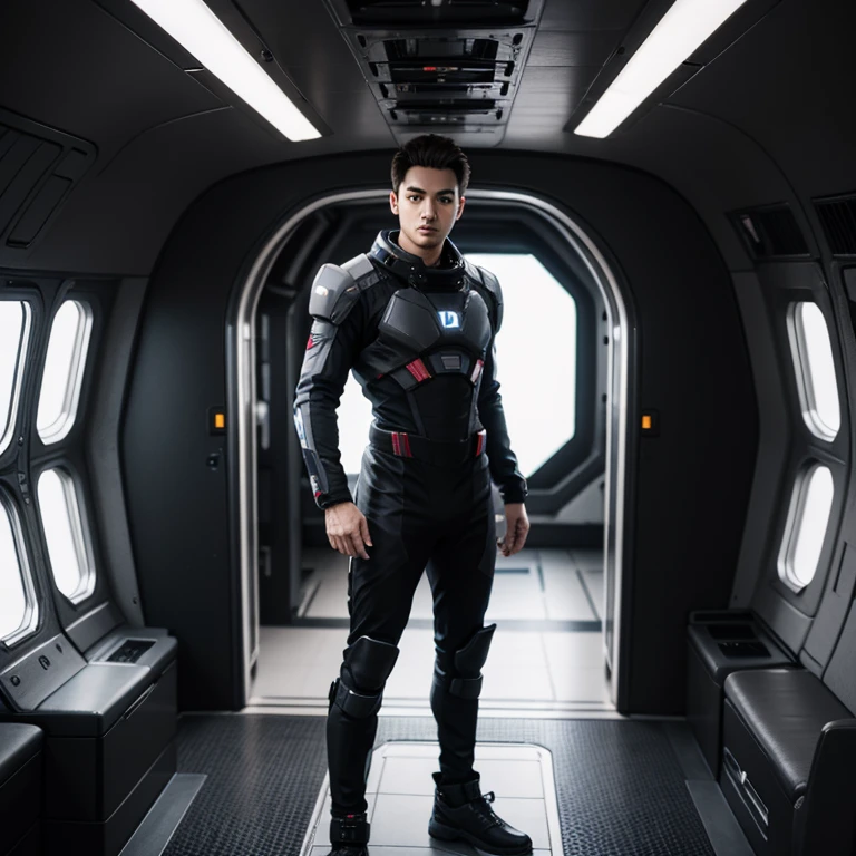 fking_scifi Black pilot suit with yellow accents, brown hair (gray eyes: 1.35), Thai, young, handsome, standing in front of a window on a spaceship, 80mm, bokeh, mass effect, long distance,full body, fking_cinema_v2