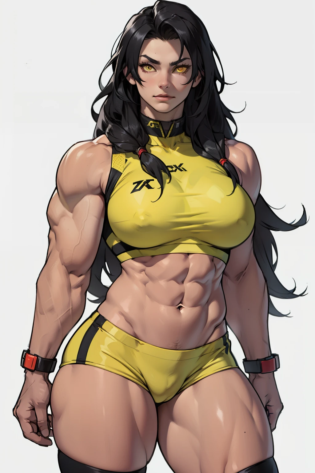 girl, black hair, very long hair, yellow eyes, thick thighs, huge breasts, ((((muscular)))), pale skin, toned body, (1 girl), girl