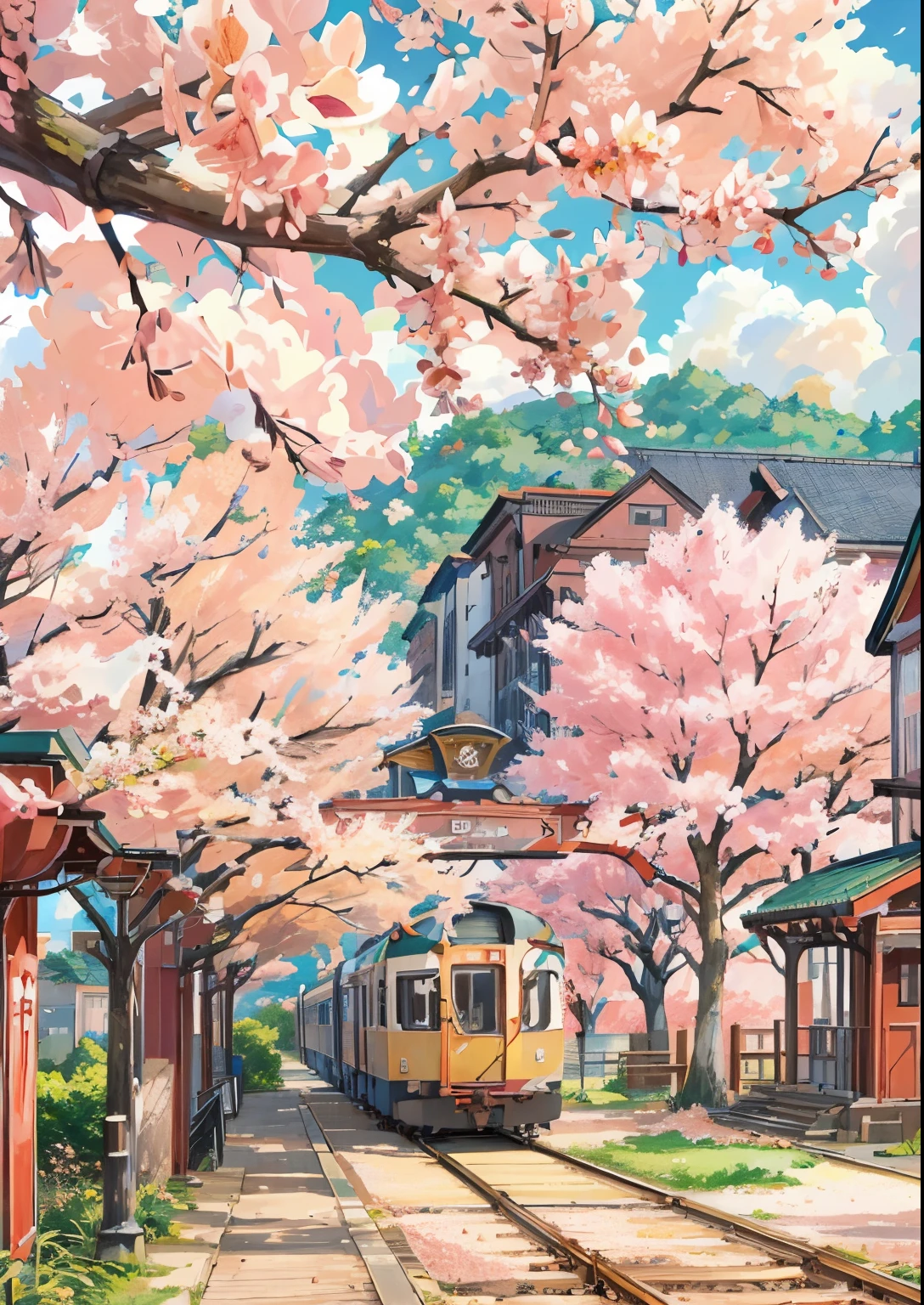 anime scenery of a train passing through a train station with cherry blossoms, beautiful anime scene, anime beautiful peace scene, beautiful anime scenery, anime background art, anime art wallpaper 4k, anime art wallpaper 4 k, anime scenery, scenery artwork, anime background, anime art wallpaper 8 k, detailed scenery —width 672, colorful anime movie background