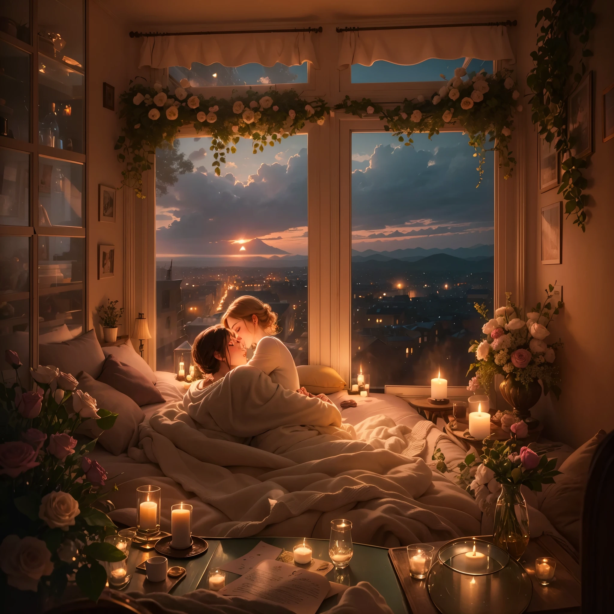 a cozy love nest,romantic details,intimate atmosphere,soft lighting,candlelit dinner,floral decorations,warm color tones,soft textures,lovers embracing,gentle kisses,whispered words of love,peaceful ambiance,heart-shaped decorations,lovely music playing in the background,carefully arranged pillows,romantic artwork hanging on the walls,thoughtful surprises,entwined hands,shared laughter,passionate embraces,meaningful conversations,couples' portraits,love letters scattered on the table,flickering fireplace,sparkling champagne,romantic sunset view,private balcony overlooking a beautiful landscape,intimate dinner for two,love notes hidden around the room,scented candles filling the air,soft jazz music creating a relaxed mood,beautifully arranged roses,breakfast in bed,gentle morning light streaming through the window,lovers cuddling under a cozy blanket,shared dreams and aspirations. (best quality,4k,8k,highres,masterpiece:1.2),ultra-detailed,(realistic,photorealistic,photo-realistic:1.37),soft colors,painterly style,romantic ambiance,warm and inviting atmosphere.