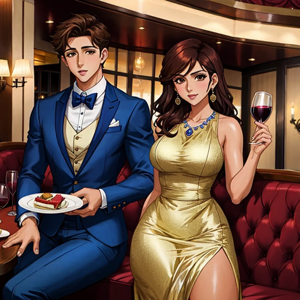 screencap, couple during date, david henrie, tan fit young adult, broad shoulders, elegant suave suit, AND maria canals barrera, tan fit mature woman, sitting at table in a classy restaurant, narrow waist, elegant shiny royal blue dress, thick thighs, makeup, waiting for date, drinking from a glass of wine, candlelight, low angle shot, high heels
