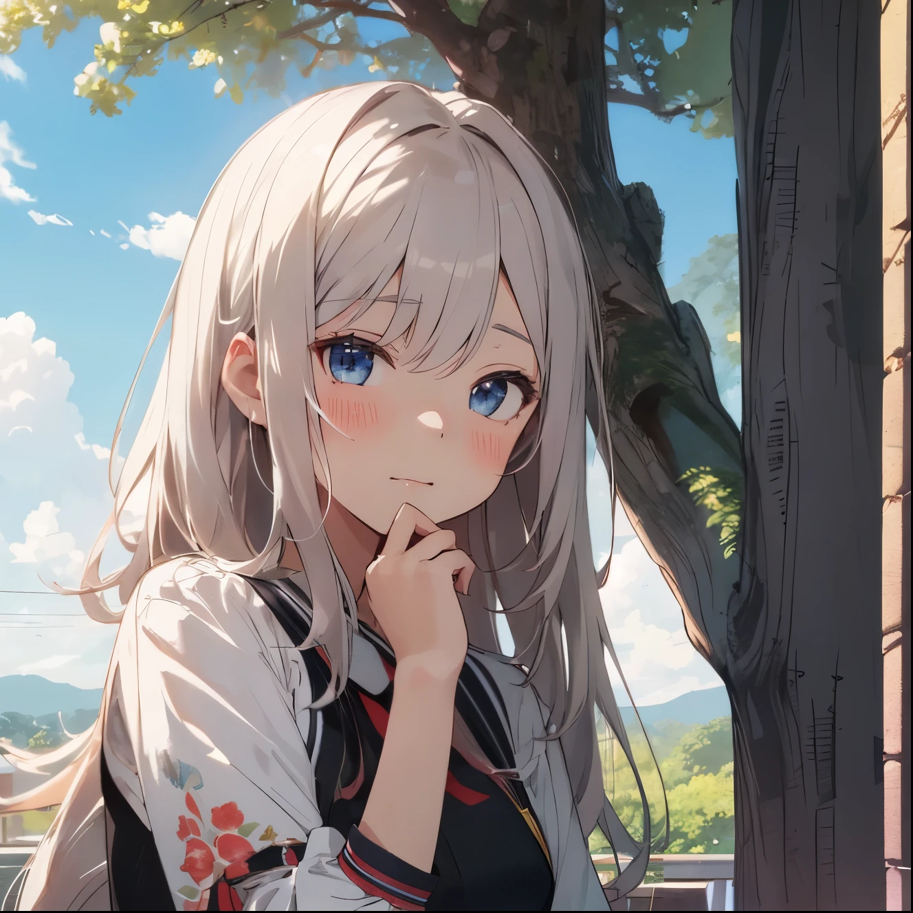 anime girl with long hair and blue eyes sitting on a bench, anime style 4 k, anime visual of a cute girl, perfect white haired girl, girl with white hair, smooth anime cg art, best anime 4k konachan wallpaper, beautiful anime portrait, portrait anime girl, young anime girl, beautiful anime high school girl, cute anime girl, pretty anime girl