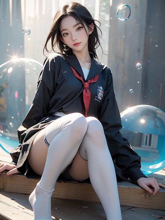 (masterpiece), (highest quality), (official art, very detailed CG Unity 8k 壁紙), (very detailed), ((disorganized)), 1 girl, mid shot, (exquisite features),(serafuku:1.3) ((software)),((clean hands)), ((white thighhighs without shoes)),aqua eye, color contact lenses, stars in the eyes, (((colorful bubble))), Colorful Glass, (album cover)