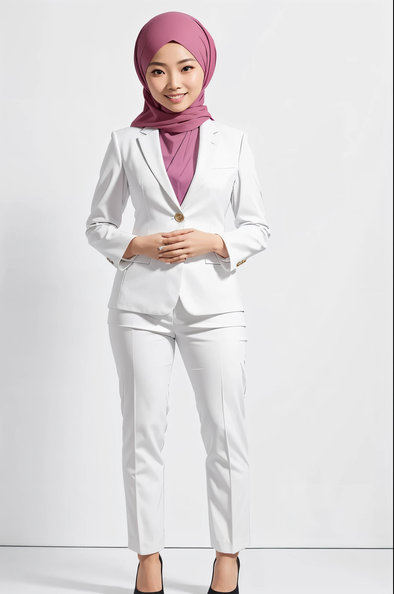 35 year old malay asian lady on white background, taking a passport photo, wearing hijab perfect neat styling, plain, proper formal attire, colored blazer, half body, mid shot, standing straight, hand down, looking at camera, smiling, soft smile, professional , front view, straight front view.