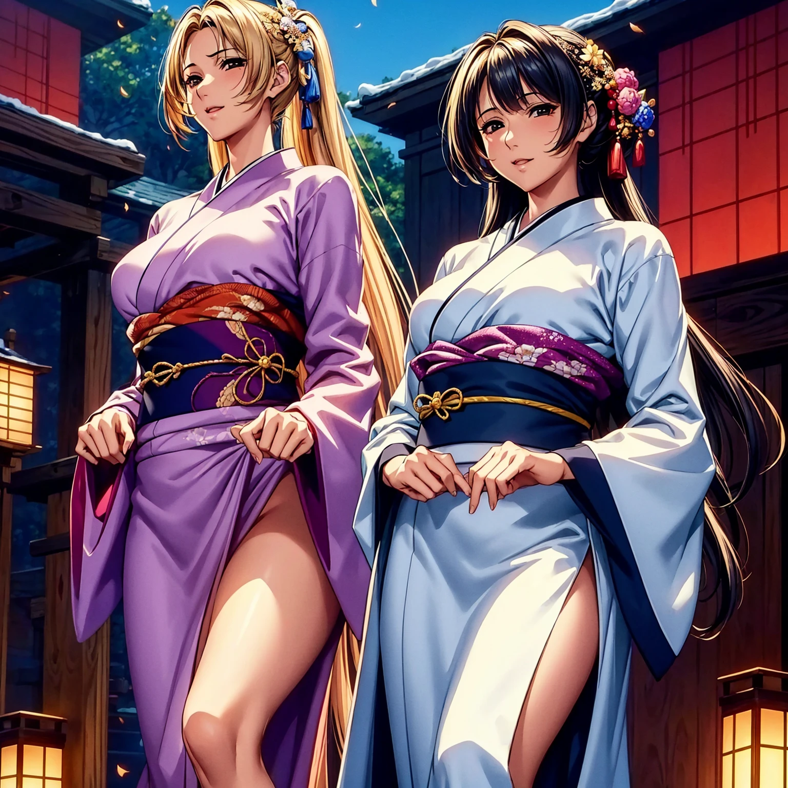 (top quality picture、masterpiece level、very high res、超A high resolution,High quality detailing)、(An 18-year-old beautiful girl with perfect and ultimate beauty..,beautiful breasts and figure,Beautiful body,美丽的面容,Strong-willed eyes:1.5)、(There are many variations of hairstyles,Bangs are neatly arranged,long straight hair on the side,Beautiful hair:1.2),lifelike textures,Beautiful colors,(Wear a colored Japanese kimono,Wear a colorful Japanese kimono,Japanese decoration,Japanese hair,shoulders are exposed,I can see the cleavage, I can see the thighs.:1.2),Have a bright smile,line of sight,Mouth opens,The wind is blowing(The wind blows and the skirt flaps 1.2),Hair flutters under the influence of the wind,Beautiful Japan garden,fantastic night sky and moon,Lanterns are lit,nighttime scene,Beautiful Landscapes,(The whole body,accurate anatomy、extremely detailed picture、Accurate images、Perfect Image 1.5)、beautiful anime woman, Beautiful Art Style, an animated character、(The whole picture、Detailed picture、Defect-free images、natural soft light、beautiful image),(Best Shot 1.2)