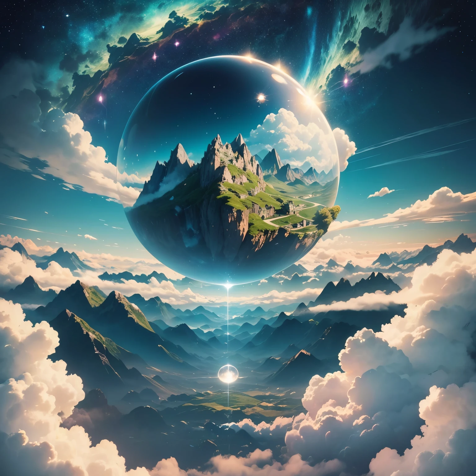 A giant mirror sphere floating in space, luzes piscando, hamster triste perdido (sky like green fields surrounded by high mountains and clouds:1.3), particles in the air, raios de deus, estrelas no fundo, fractais intrincados, detalhado, (illustration), obra de arte, high resolution, melhor qualidade.