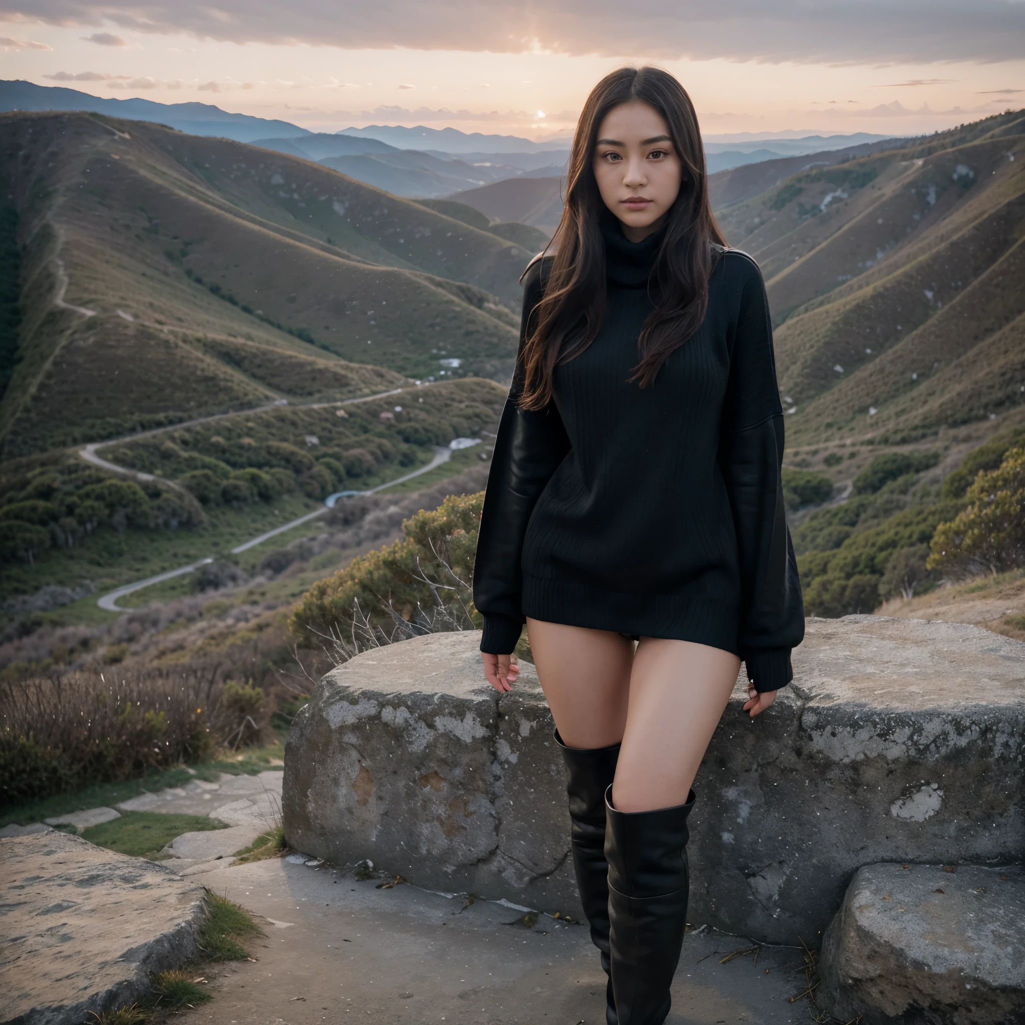 (highly detailed stunningly gorgeous 25 year old Japanese woman in a ((Oversized Sweater with Thigh-High black leather Boots))), pale skin, brown eyes, looking at the camera , (At the peak of a mountain with panoramic views of the surrounding landscape during sunset), long curly hair, (perfect eyes:1.2), (perfect face:1.2), perfect hands, (perfect fingers:1.2), (perfect legs:0.5), (toned physique:1.2), high quality RAW photograph, hyper detailed, hyper realistic, amazing and beautiful, Hasselblad 35mm lens, ISO 400, face in frame, character centered in frame