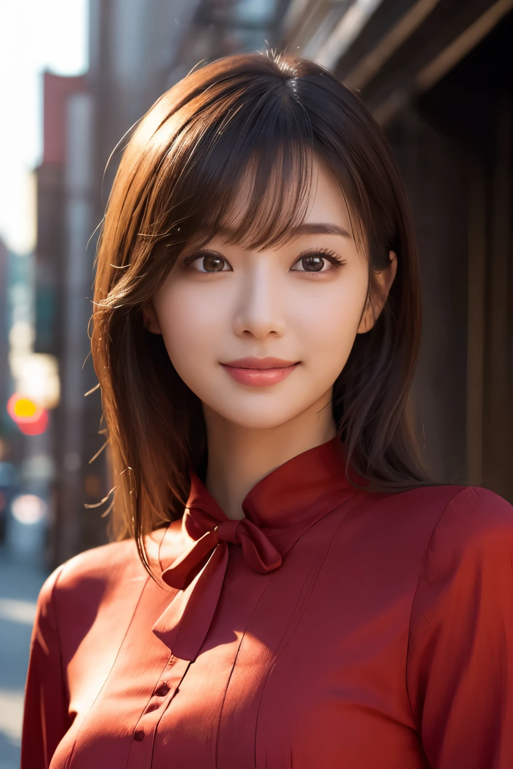 1girl in, (wearing a red blouse:1.2), beautiful japanese actress,
(Raw photo, Best Quality), (Realistic, Photorealsitic:1.4), masterpiece, 
Extremely delicate and beautiful, Extremely detailed, 2k wallpaper, amazing, 
finely detail, the Extremely Detailed CG Unity 8K Wallpapers, Ultra-detailed, hight resolution, 
Soft light, Beautiful detailed girl, extremely detailed eye and face, beautiful detailed nose, Beautiful detailed eyes, 
Cinematic lighting, city light at night, Perfect Anatomy, Slender body, Smiling