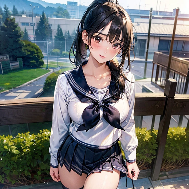 (masterpiece:1.2, highest quality), (realistic, photorealistic:1.4), beautiful illustrations,
looking at the viewer, cowboy shot, Front view:0.8,
1 girl, Japanese, high School girl, black hair, (ponytail), big breasts:0.8,
beautiful hair, beautiful face, beautiful fine brown eyes, beautiful clavicle, beautiful body, beautiful breasts, beautiful thighs, beautiful feet, beautiful and detailed fingers, five fingers, (steam)
(beautiful scenery), , School,
((cute School uniform, long sleeve, pleated skirt, sailor collar, scarf)), white panties,
Are standing, walk,
smile, ,