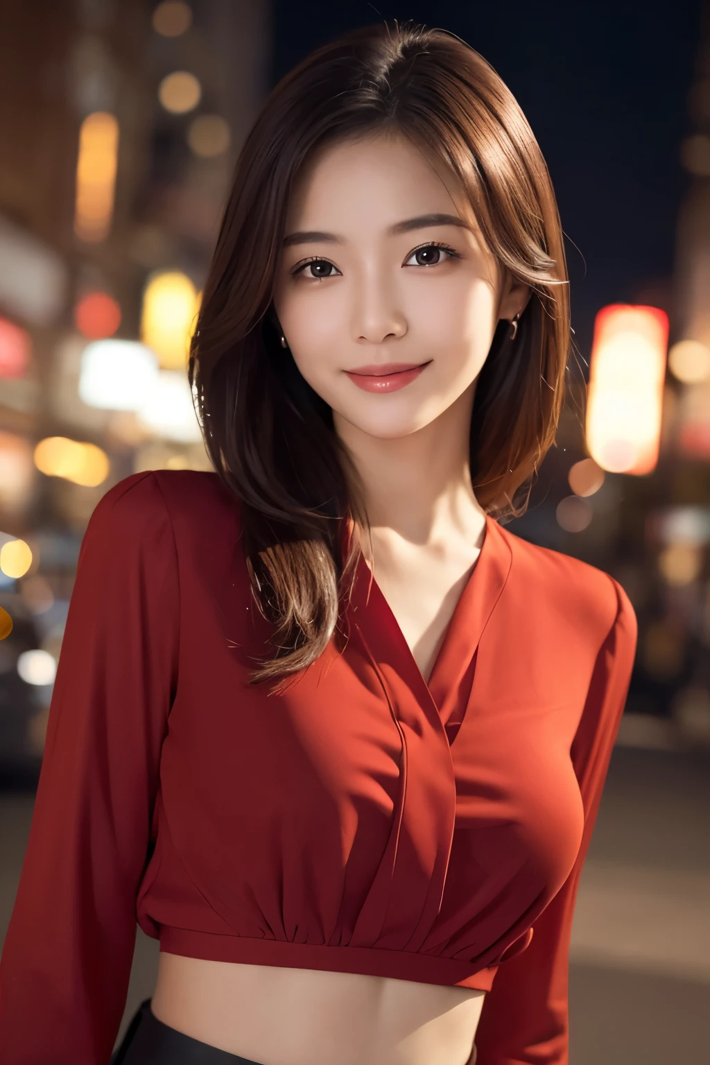1girl in, (wearing a red blouse:1.2), beautiful japanese actress,
(Raw photo, Best Quality), (Realistic, Photorealsitic:1.4), masterpiece,
Extremely delicate and beautiful, Extremely detailed, 2k wallpaper, amazing,
finely detail, the Extremely Detailed CG Unity 8K Wallpapers, Ultra-detailed, hight resolution,
Soft light, Beautiful detailed girl, extremely detailed eye and face, beautiful detailed nose, Beautiful detailed eyes,
Cinematic lighting, city light at night, Perfect Anatomy, Slender body, Smiling