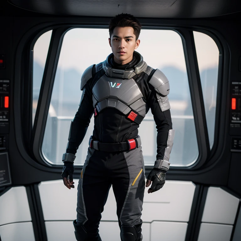 fking_scifi Black pilot suit with yellow accents, brown hair (gray eyes: 1.35), Thai, young, handsome, standing in front of a window on a spaceship, 80mm, bokeh, mass effect, long distance,full body, fking_cinema_v2