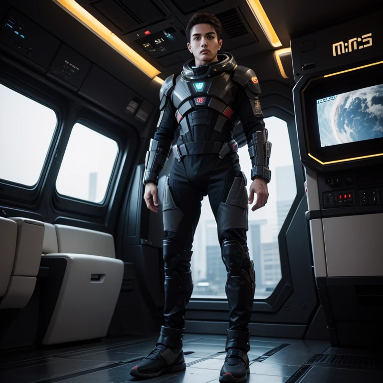 fking_scifi Black pilot suit with yellow accents, brown hair (gray eyes: 1.35), Thai, young, handsome, standing in front of a window on a spaceship, 80mm, bokeh, mass effect, long distance,full body, fking_cinema_v2