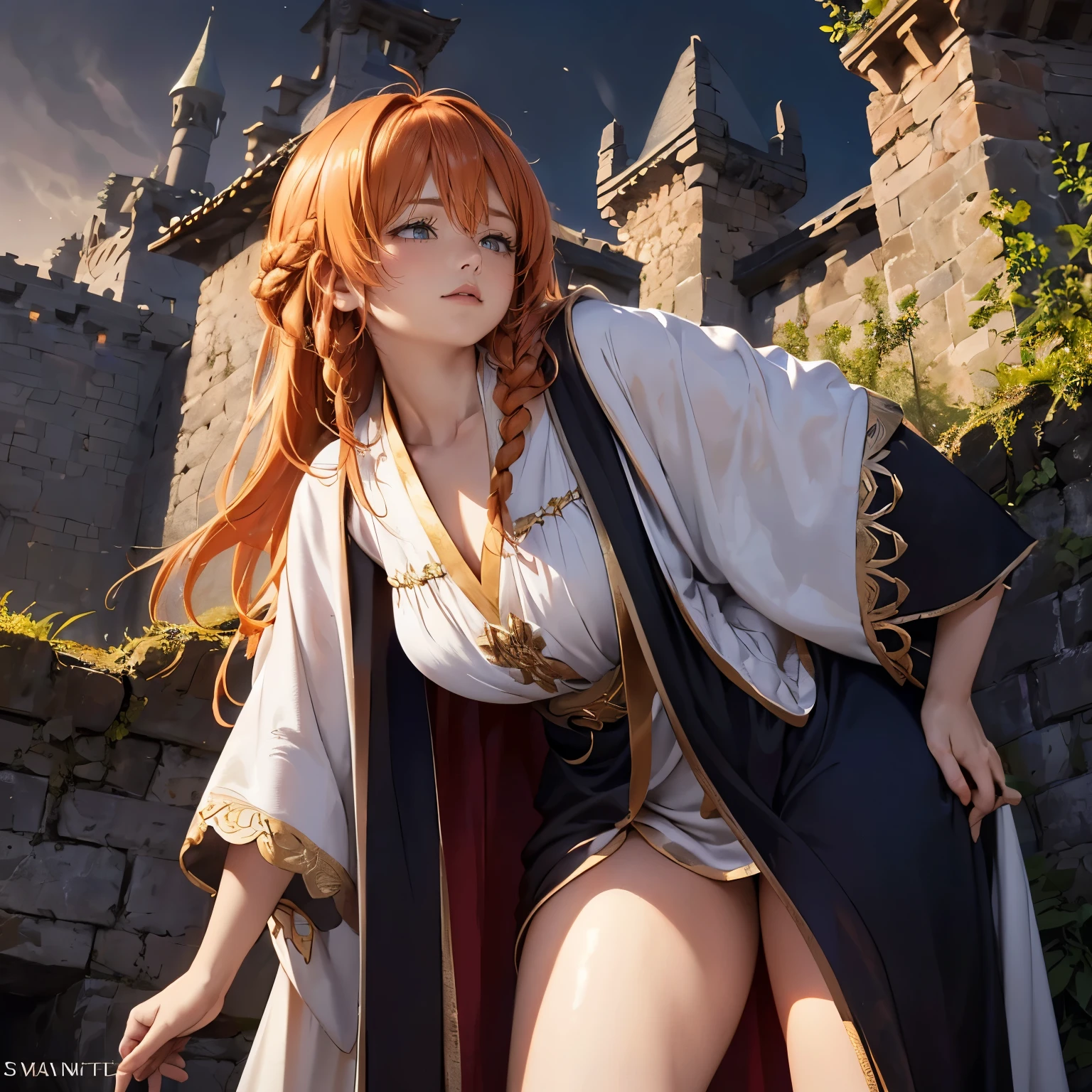 (drooping eyes, sleepy face, angle from below, realistic skin), bend her knees and lower her hips, (emits light from all over the body, blue flame), lost pupils, dark-orange hair, long thick braid, open legs, casual-dress, outside mountain, castle wall, (medieval kingdom, long white robe with gold trim), ((dark hour of dawn)),