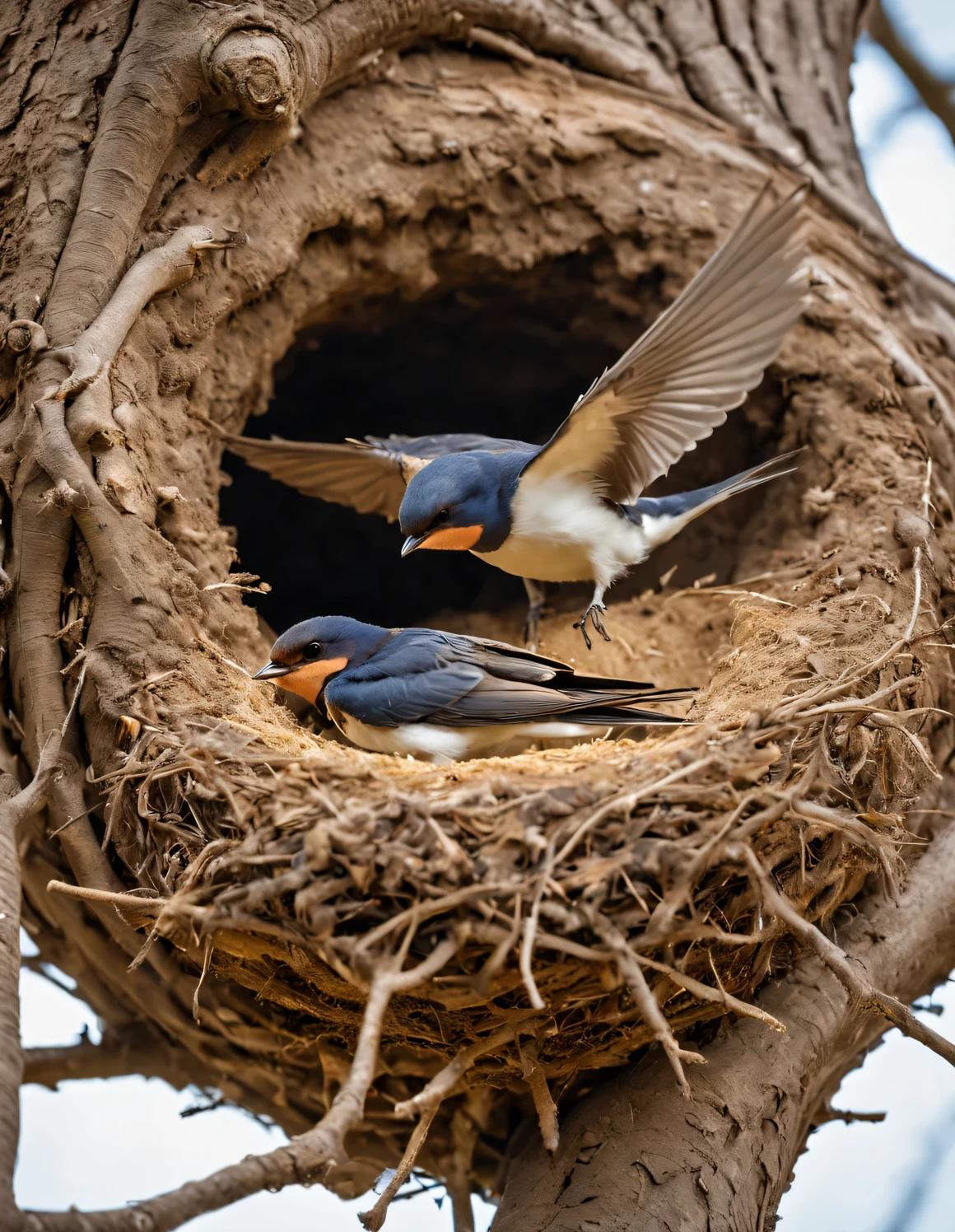 (Two little swallows fly and build a nest),(A little swallow flies beside the nest),Nests are often found in human dwellings.,in the gaps between bridges and other buildings,Sometimes they also build nests in tree holes。The nest is mainly made of a mixture of mud and saliva,cup or disk,There are multiple chambers inside,Used for hatching eggs。The nest has a rough appearance,Color is gray or brown,It's smoother inside,The color is slightly lighter。