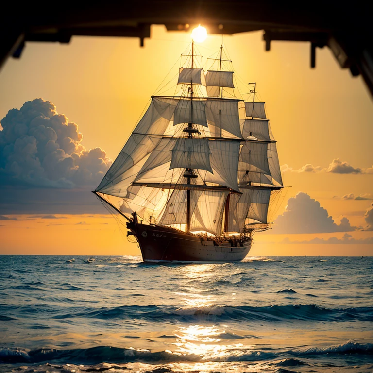 A narrow view of the sea in the evening with a large sun and a large junk sailing past in the middle of the sun.