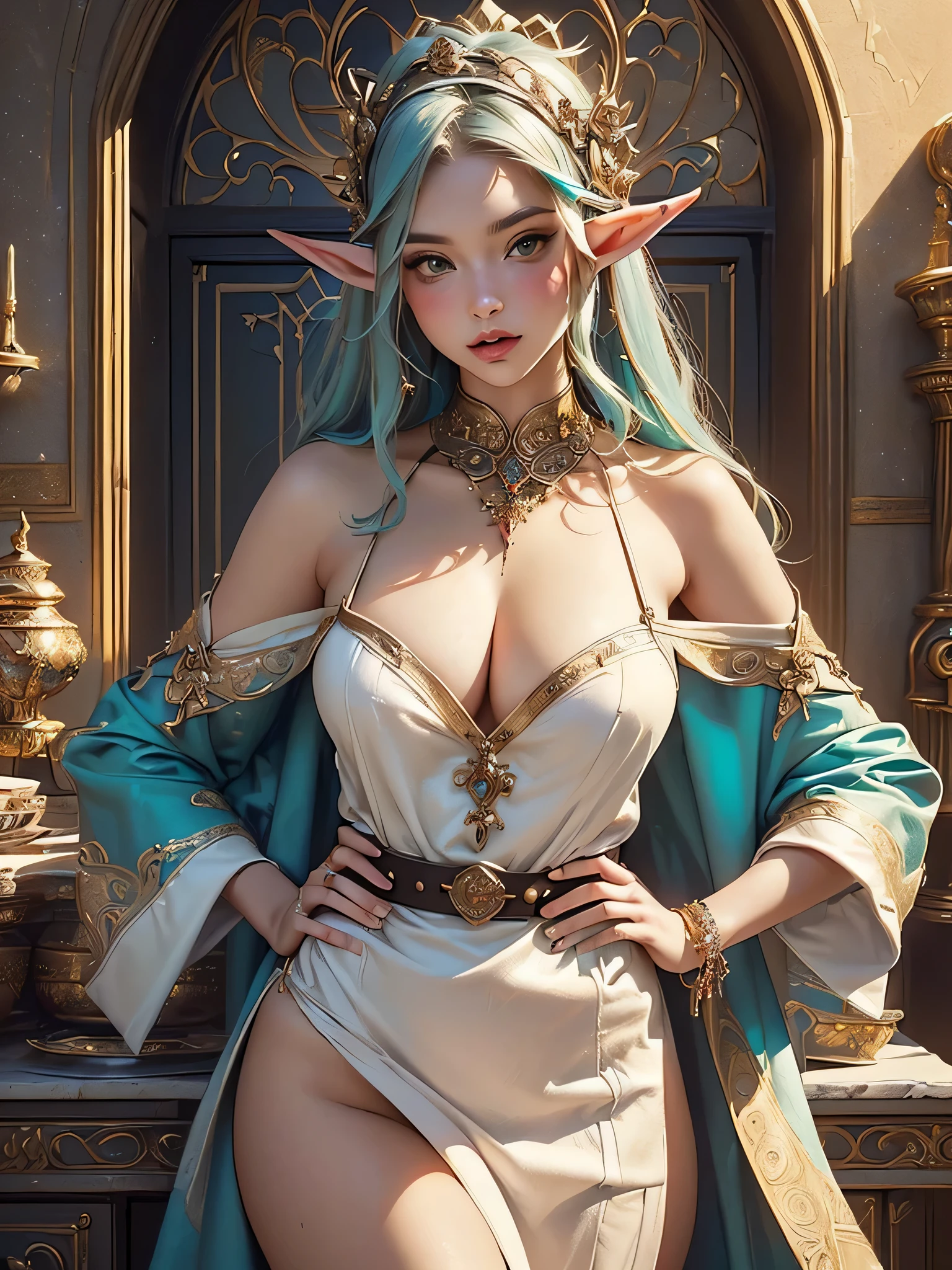 (chef-d&#39;ouvrages d&#39;art, superior quality, best quality, Art officiel, beautiful and aesthetic:1.2), (1 ((((sexy))) Fille elfe:1.3), Extremely detailed,colored,the most detailed, ((pose dynamique)), (Contexte de la ville elfique:1.5), (Robe traditionnelle:1.2), (peau brillante), (Plein de couleurs:1.4), Tir de cow-boy.