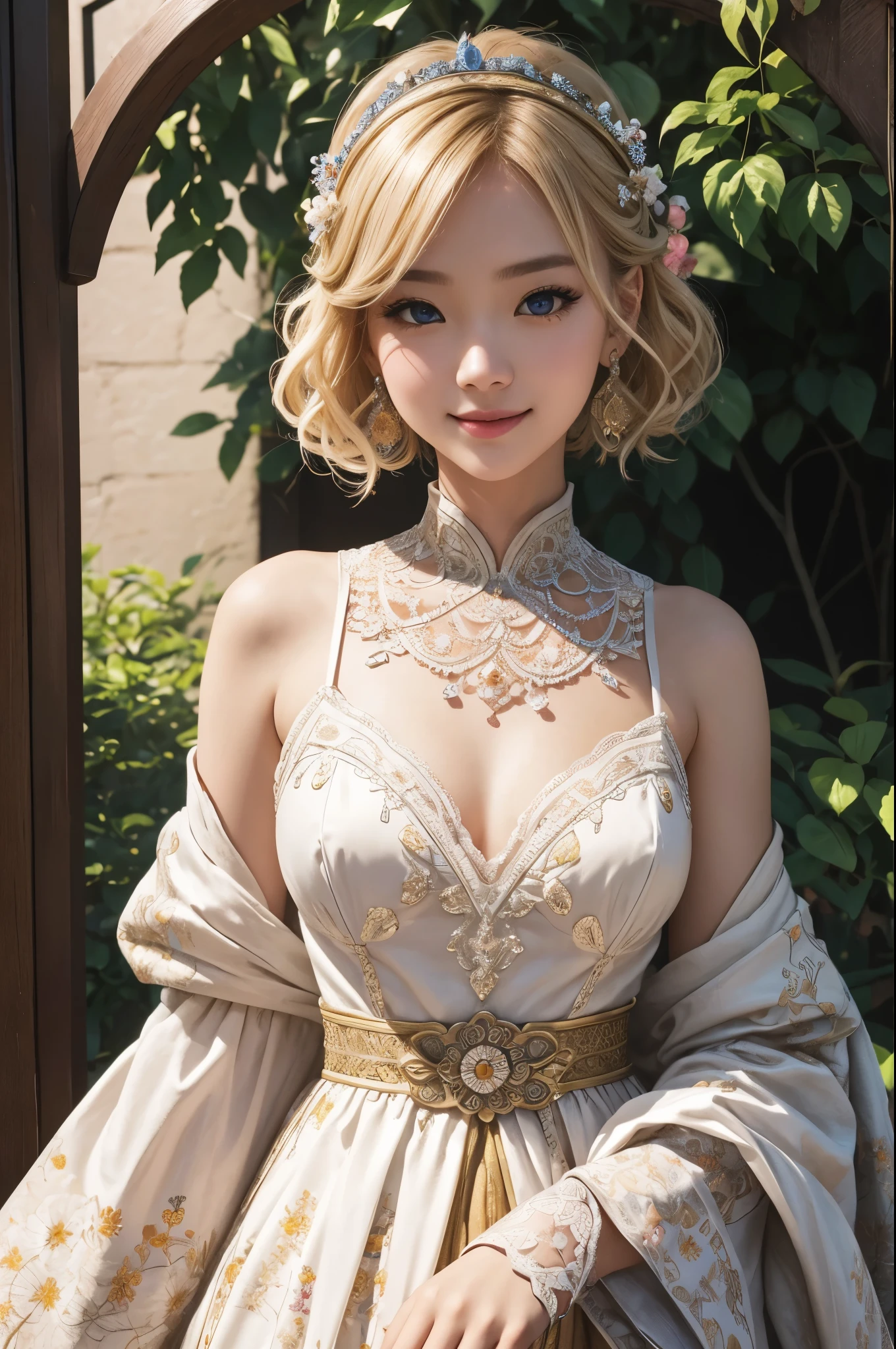 8K,(dark shot:1.1)The whole body of the princess,sexy princess costume(absurd、High resolution、super detailed)、One woman's whole body、red and white princess sexy costume、bigger、Blonde short bob、slender giant、blue eyes、long sleeve、small eyes and small face、intricate detailsREAKモザイクアート、small pieces、colorful tesserae、complex pattern、tiled designs、durable surfaces、Old fashioned technique BREAK macro photography、極端なClose-up、intricate details、Enlarged texture、stunning clarity、Hidden beauty、Interruption of immersive perspective、artisanal creations、Handmade Products、unique designs、intricate details、creative expression、skilled craftsmanship、English Garden、laughter、Armor details,超High resolution,surreal,20-year-old,rich colors, Backlight, cinematic lighting, film grain, born, 50mm lens, Nikon D850,超High resolution,Super realistic,Makeup,Close-up,smile,sexy pose,view audience,perspective from above,