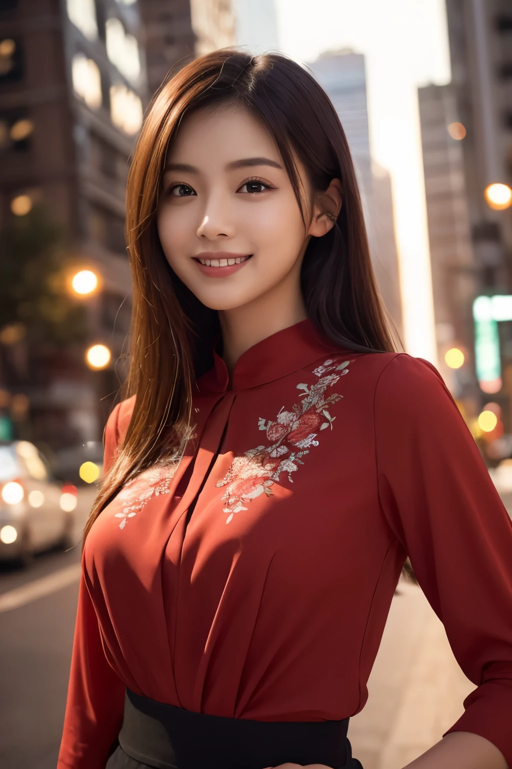 1girl in, (wearing a red blouse:1.2), beautiful japanese actress,
(Raw photo, Best Quality), (Realistic, Photorealsitic:1.4), masterpiece, 
Extremely delicate and beautiful, Extremely detailed, 2k wallpaper, amazing, 
finely detail, the Extremely Detailed CG Unity 8K Wallpapers, Ultra-detailed, hight resolution, 
Soft light, Beautiful detailed girl, extremely detailed eye and face, beautiful detailed nose, Beautiful detailed eyes, 
Cinematic lighting, city light at night, Perfect Anatomy, Slender body, Smiling