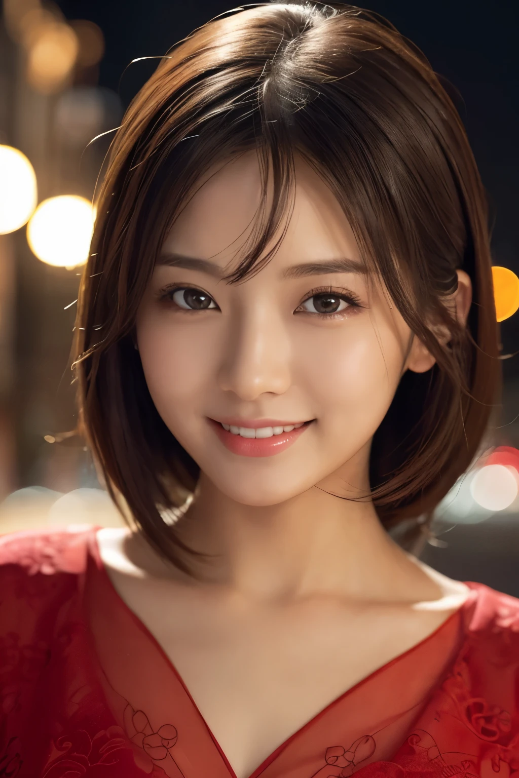 1girl in, (wearing a red blouse:1.2), beautiful japanese actress,
(Raw photo, Best Quality), (Realistic, Photorealsitic:1.4), masterpiece, 
Extremely delicate and beautiful, Extremely detailed, 2k wallpaper, amazing, 
finely detail, the Extremely Detailed CG Unity 8K Wallpapers, Ultra-detailed, hight resolution, 
Soft light, Beautiful detailed girl, extremely detailed eye and face, beautiful detailed nose, Beautiful detailed eyes, 
Cinematic lighting, city light at night, Perfect Anatomy, Slender body, Smiling