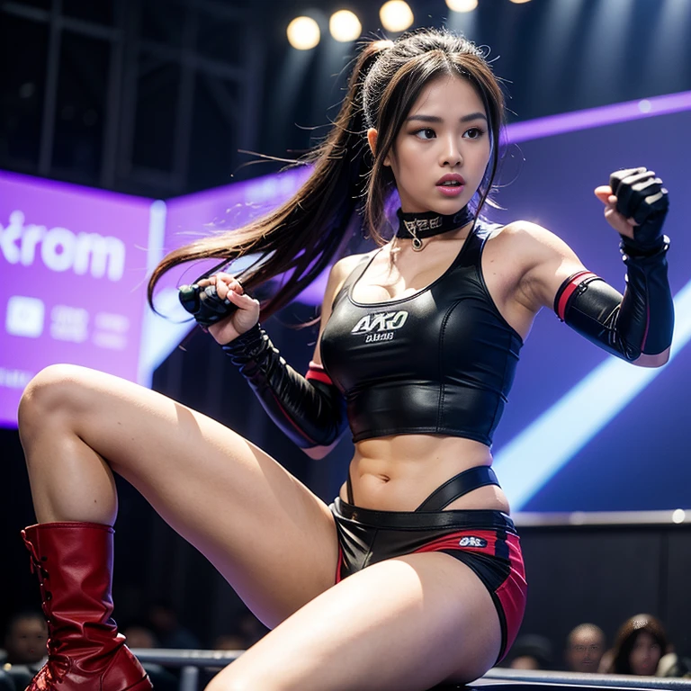 a rocker girl in a thong,portrait,illustration,full body shot,electric guitar,edgy clothes,dark lipstick,spiky hair,muscular legs,confident expression,punk style,striking pose,dynamic lighting,vibrant colors