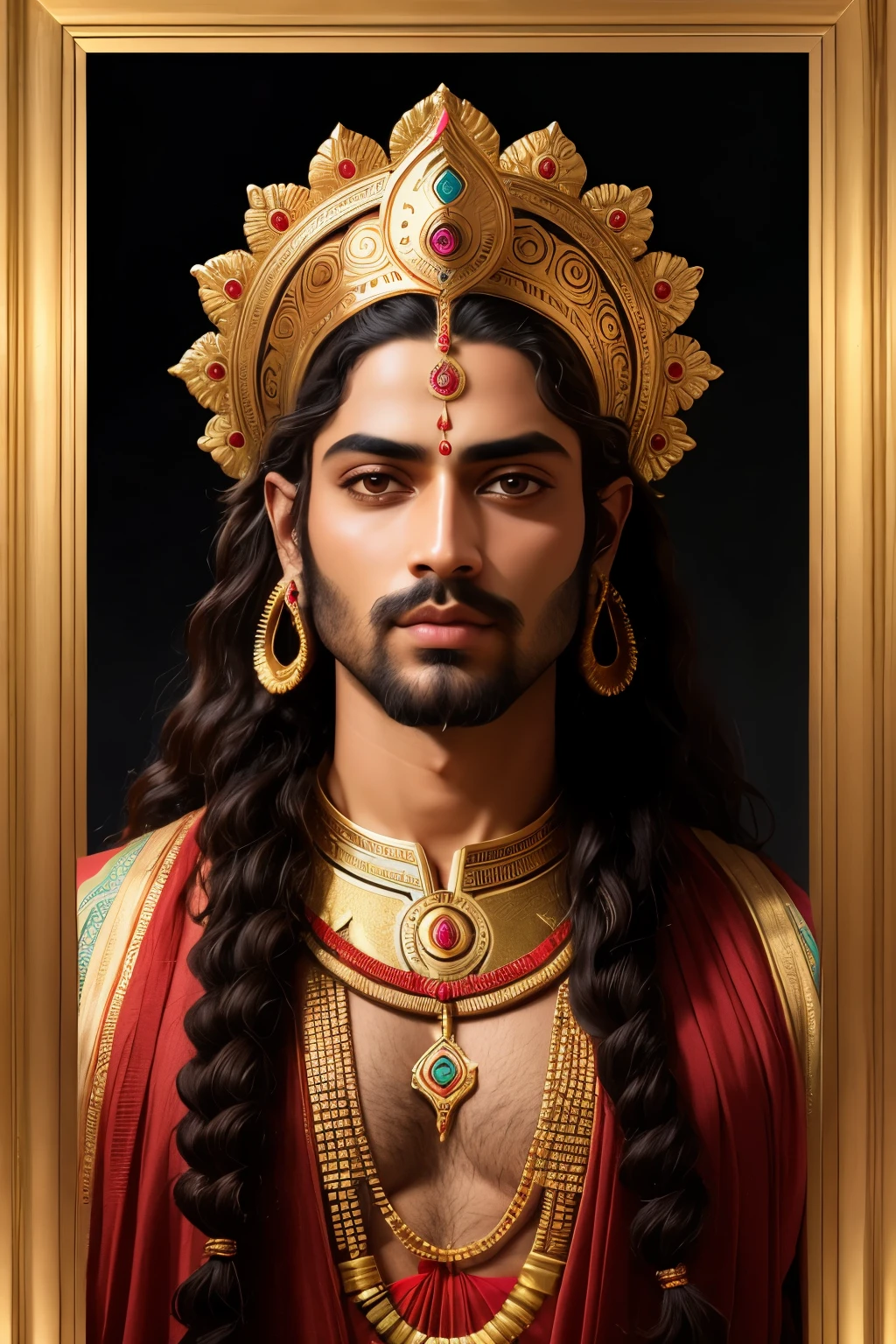 Create a unique digital portrait of Lord Ram, captured with a Sony A7R4 camera, using a 4:5 aspect ratio for optimal visual appeal. This masterpiece showcases Lord Ram's divine features in perfect proportions. His facial details are intricately depicted with a 1.2x detailed face, showcasing finely detailed skin with a pale, ethereal complexion. Lord Ram's locks flow down in long, curly brown strands, framing his serene, expressive eyes. The celestial background emphasizes his divine essence, creating a captivating and high-quality image filled with rich details. This 8K resolution portrait, featuring hyper-realistic texture, is