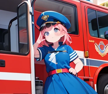 arafed woman in blue and orange uniform saluting for a fire truck, pink hair , faced the front,blue cap