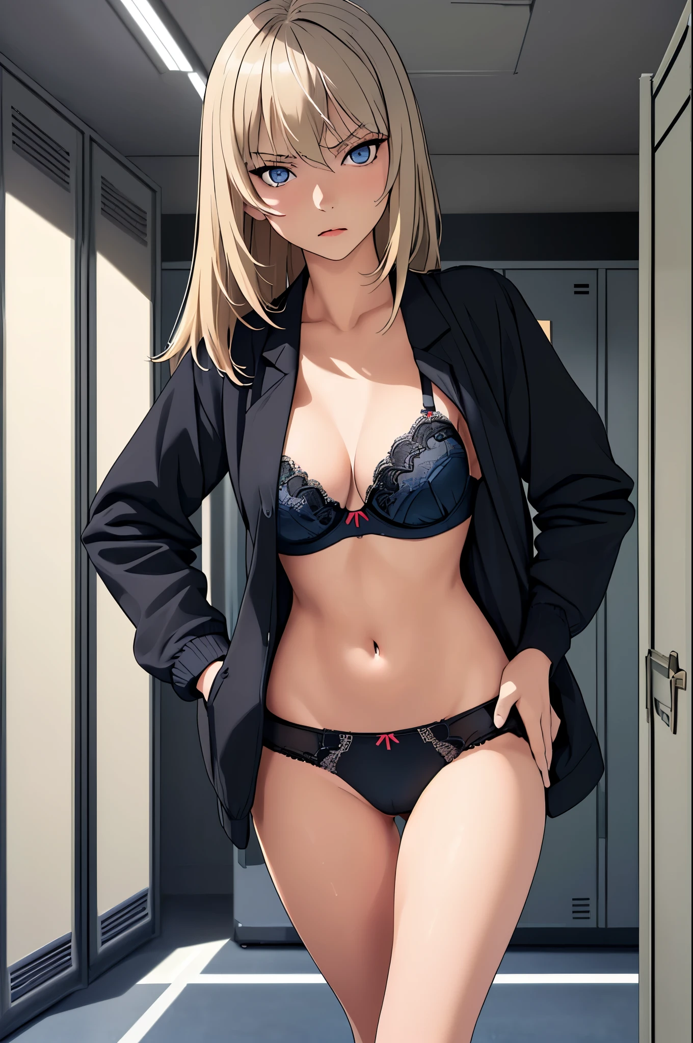 masterpiece, best quality, Itsumi Erika, 1girl, ashen blonde hair, blue eyes, solo, medium breasts, standing frontally, pov, looking at viewer, black skirt, sexy black underwear, black bra, undressing jacket, whole body can be seen, indoors, locker room, expressionless, detailed hands, five fingers, female genitals