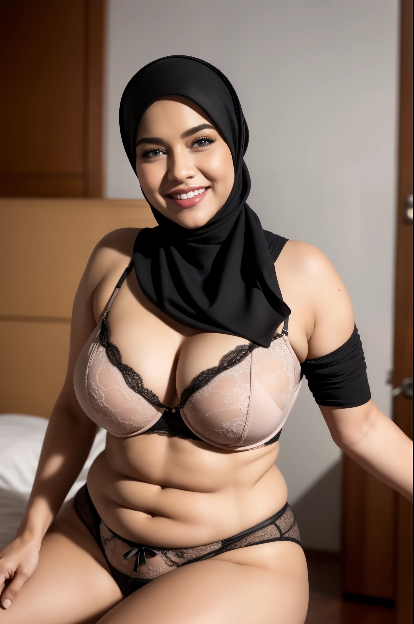 ("Hijab Naked"), Chubby Wearing Lace Bra And Panties, "Big Smile"