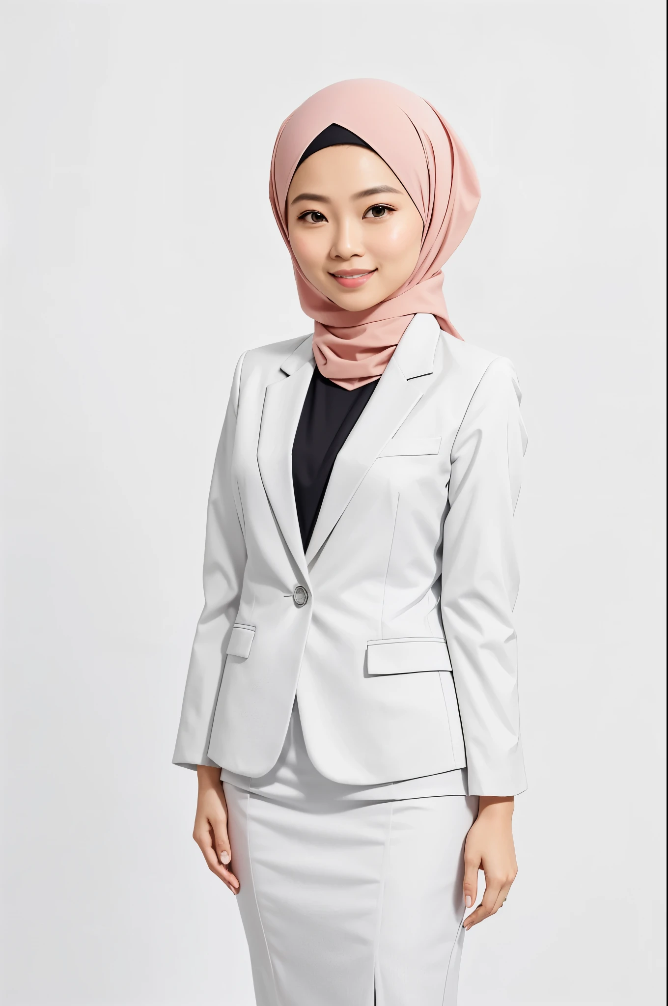 35 year old malay asian lady on white background, taking a passport photo, wearing hijab perfect neat styling, plain, proper formal attire, colored blazer, half body, mid shot, standing straight, hand down, looking at camera, smiling, soft smile, professional , front view, straight front view.