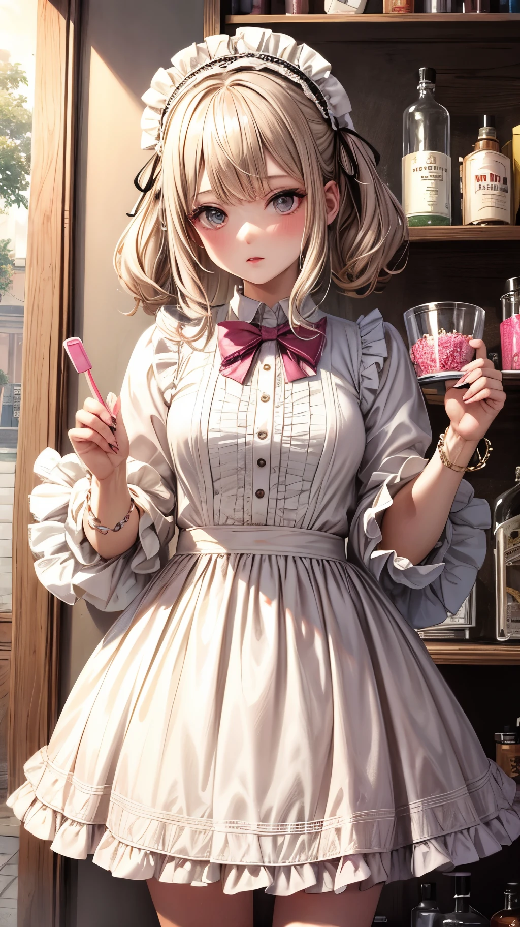 Masterpiece, Top Quality,shorts lolita pink and white, goth, detailed texture, woman in candy store, beige hair