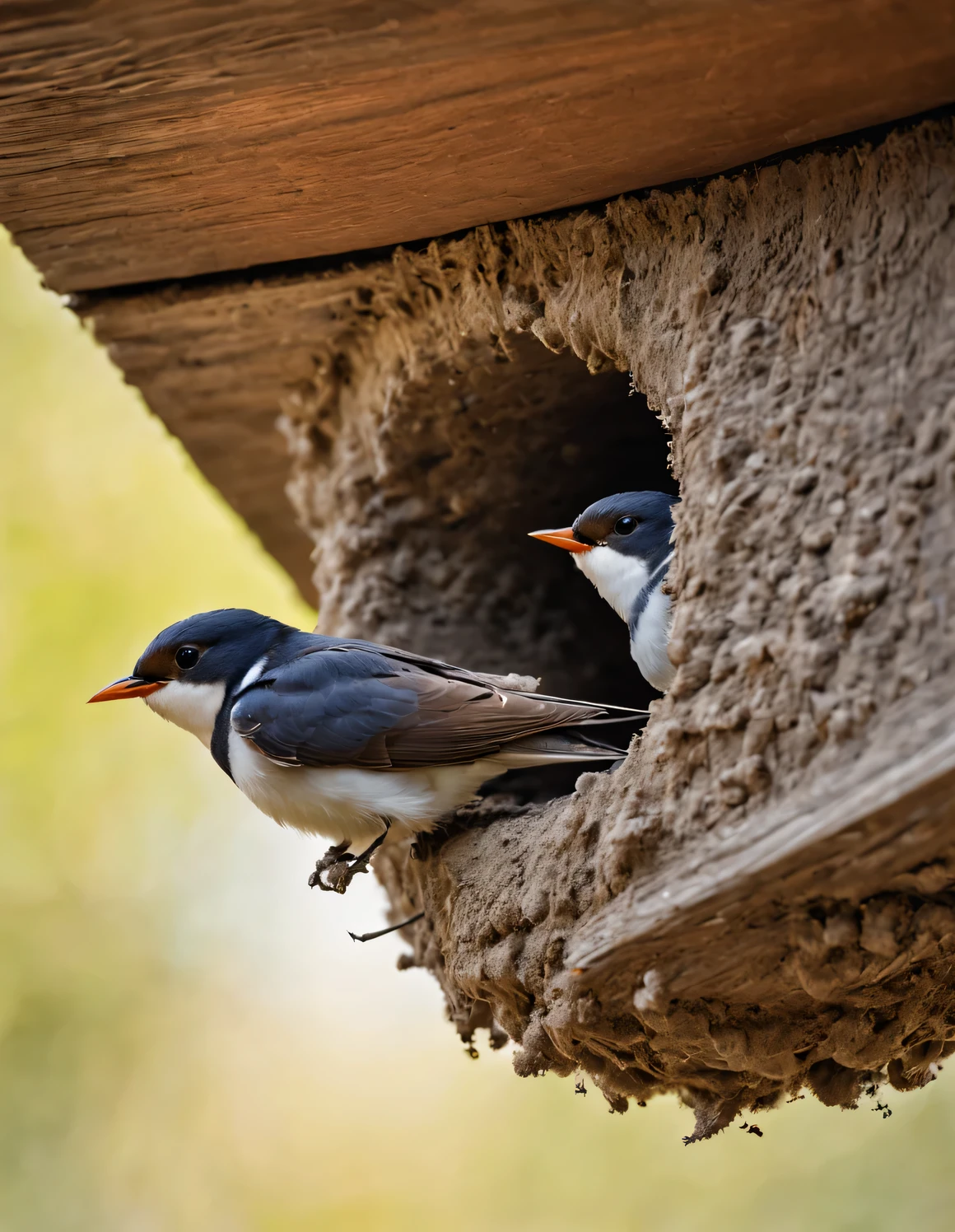 (Two little swallows fly and build a nest),The little swallow is busy picking up mud,The little mouth keeps opening and closing,The mud chunks picked up each time are not big..,Carefully place the mud blocks under the eaves,Nests are often found in human dwellings.,in the gaps between bridges and other buildings,Sometimes they also build nests in tree holes。The nest is mainly made of a mixture of mud and saliva,cup or disk,There are multiple chambers inside,Used for hatching eggs。The nest has a rough appearance,Color is gray or brown,It's smoother inside,The color is slightly lighter。