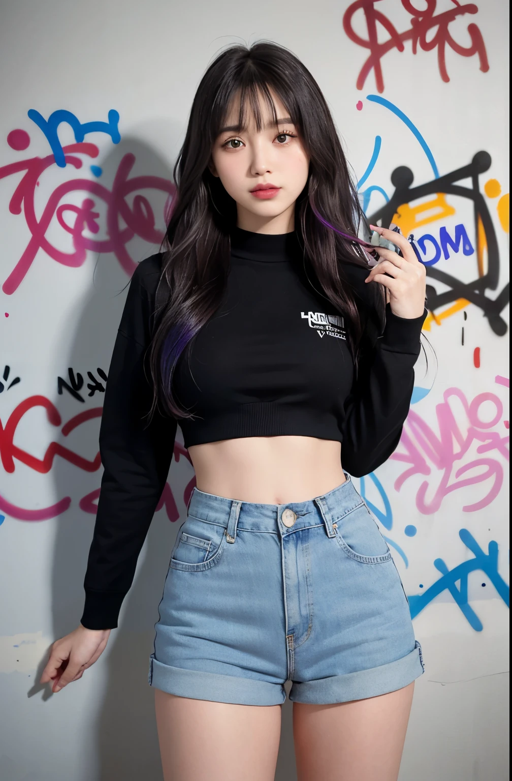 (best quality), (actual, photo-actual:1.3), masterpiece:1.2, Very detailed, CG, Unite, 8k, Astonishing, fine details, Super detailed, high resolution, ridiculous, ((Light)), ((colorful hair:1.4)), (curly, Bangs), Beautiful and delicate girl, Detailed fingers, best shadow, Very detailed eyes, Beautiful and detailed nose, Beautiful and delicate face, 美丽细腻有Light泽的嘴唇:0.9, (Keep your mouth shut:1.2), 1 girl, ((thigh:1.5)), Lovely, alone, ((Stylish face shape)), (semi smile:1.2), young, sexy body, ((Oily body skin:0.9)), , (black crop top, Denim shorts), (Graffiti:1.6), (paint splatter, against Graffiti wall, Apply to body), (stand against wall), (medium breasts), actual face, actual body, film grain:0.3, Light线追踪:0.6, dynamic range:0.3, median:0.4