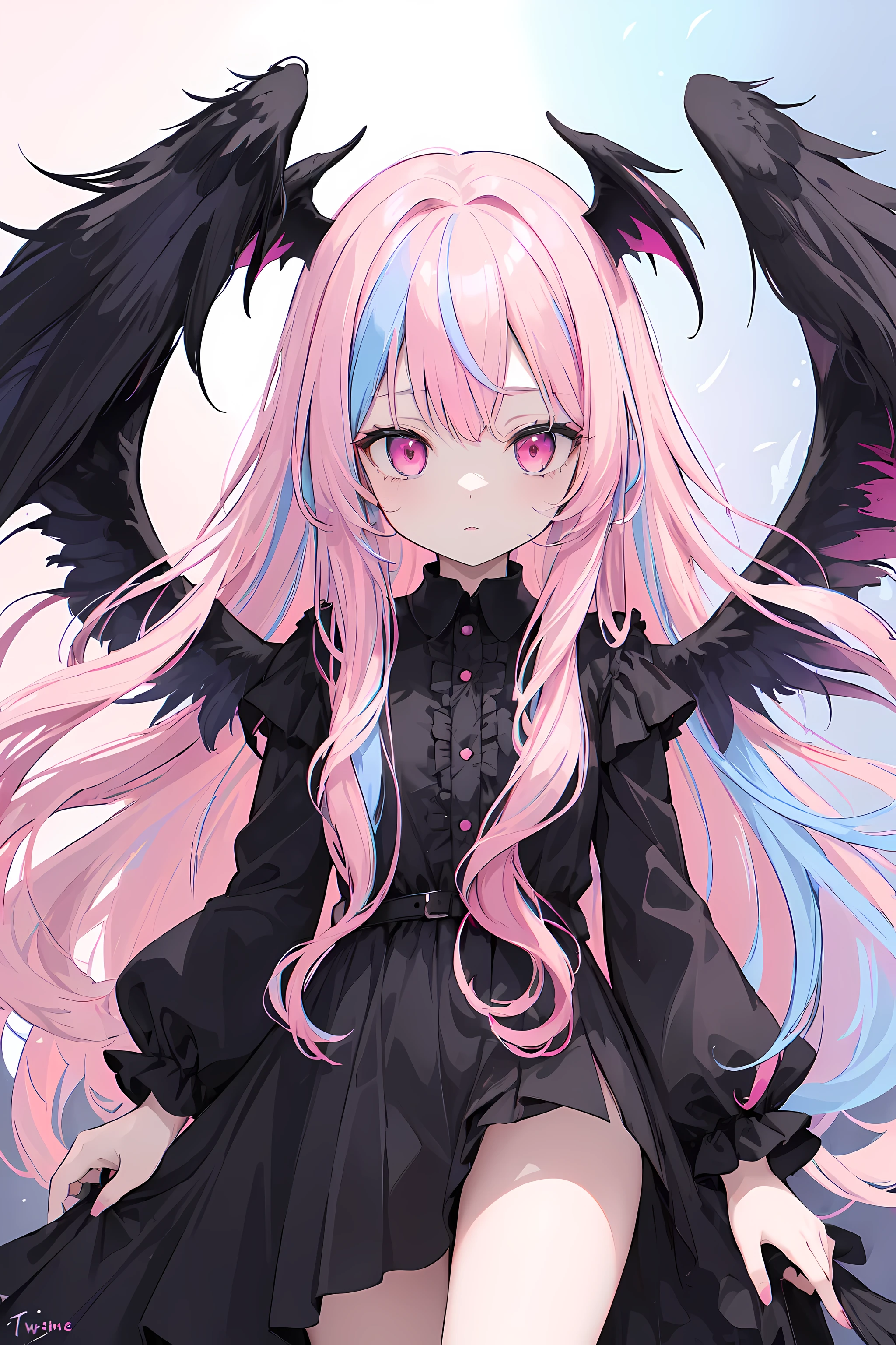 (((masterpiece, high quality))), 1girl, (((black wings))), fallen angel girl, (dark pink and dark blue wing feathers), dark magenta eyes, celestial, demonic realm background, (((twotone split hair color))), (((light blue and pink hair))), ((very long curly hair)), demonic dress