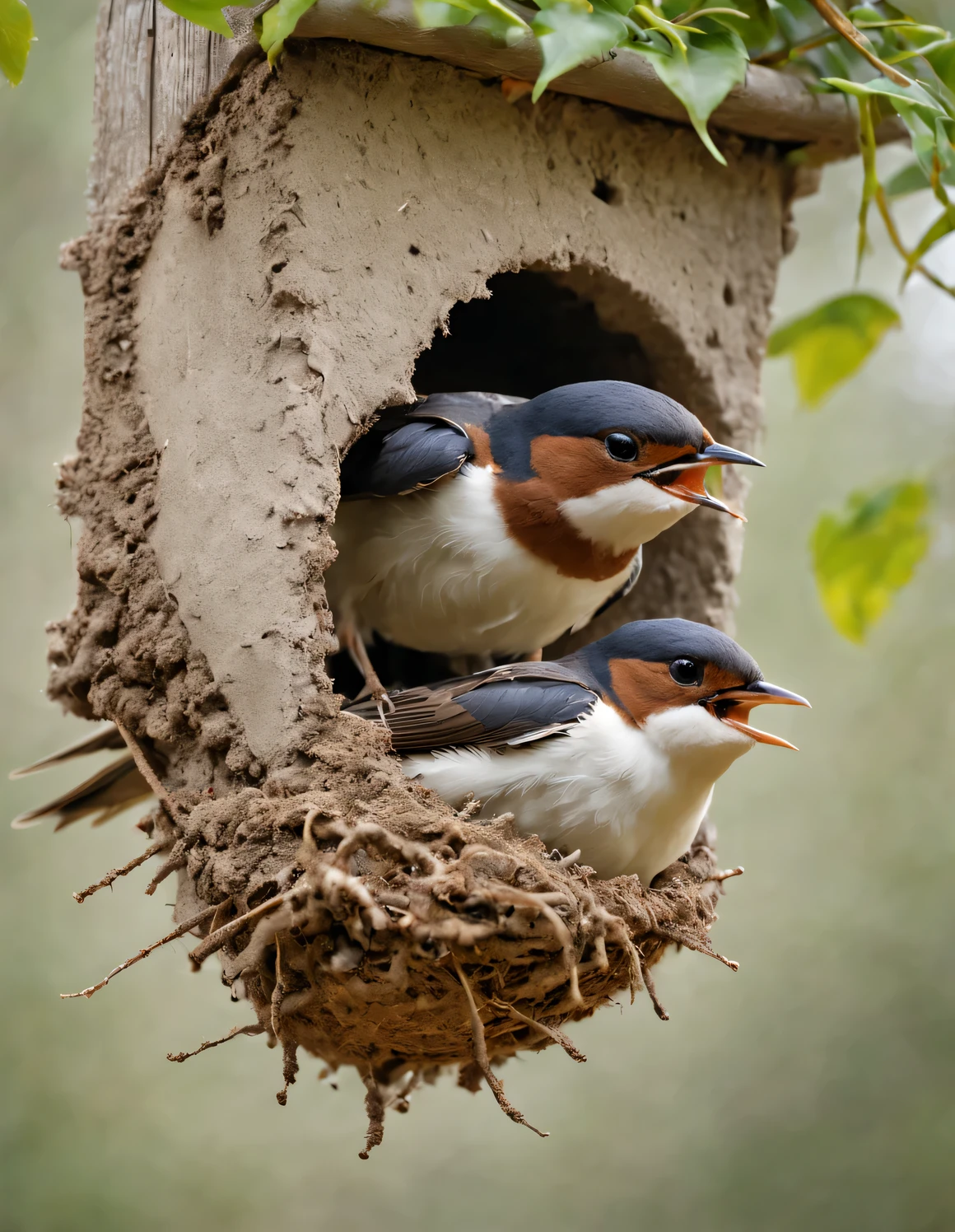 (Two little swallows fly and build a nest),The little swallow is busy picking up mud,The little mouth keeps opening and closing,The mud chunks picked up each time are not big..,Carefully place the mud blocks under the eaves,Nests are often found in human dwellings.,in the gaps between bridges and other buildings,Sometimes they also build nests in tree holes。The nest is mainly made of a mixture of mud and saliva,cup or disk,There are multiple chambers inside,Used for hatching eggs。The nest has a rough appearance,Color is gray or brown,It's smoother inside,The color is slightly lighter。