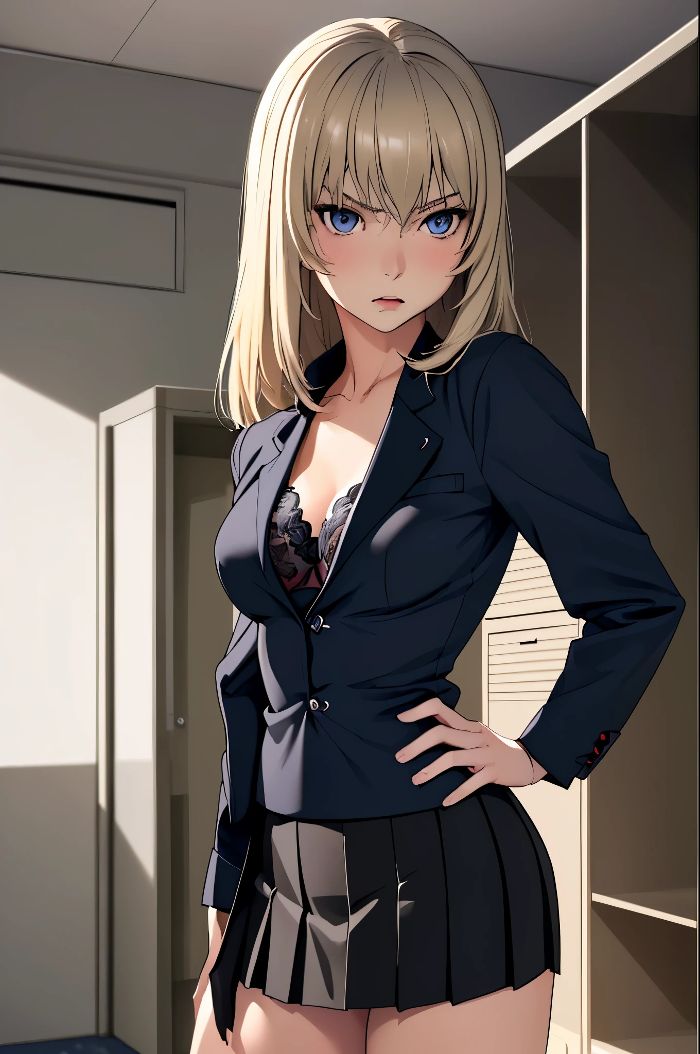 masterpiece, best quality, Itsumi Erika, 1girl, ashen blonde hair, blue eyes, solo, medium breasts, standing frontally, pov, looking at viewer, black skirt, sexy black bra, undressing jacket, whole body can be seen, indoors, locker room, expressionless, detailed hands, five fingers