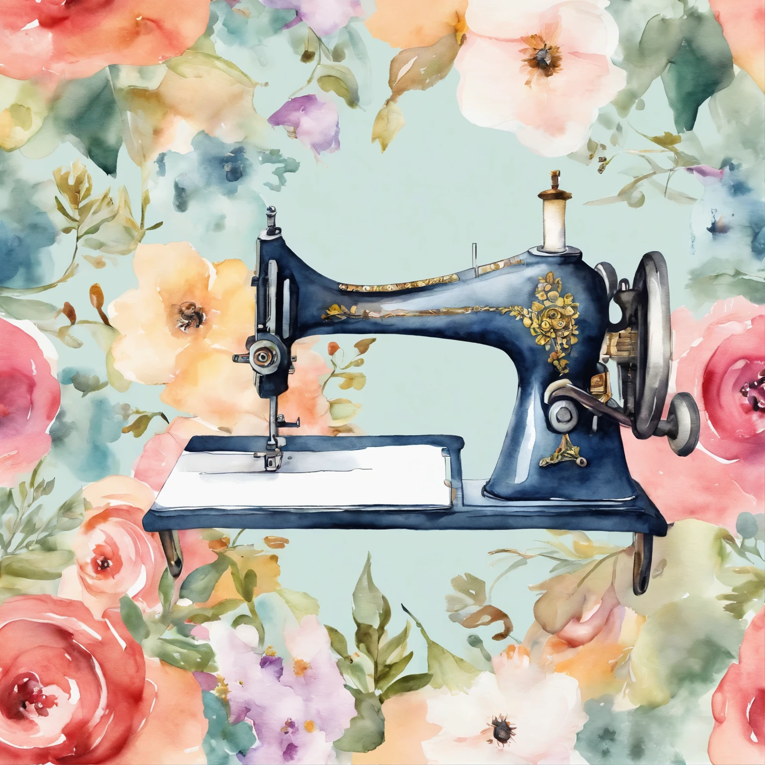 A delicate watercolor stylized sewing machine surrounded by soft flowers in vibrant tones, creating an artistic and enchanting atmosphere for a unique shirt print, no background, no reflection