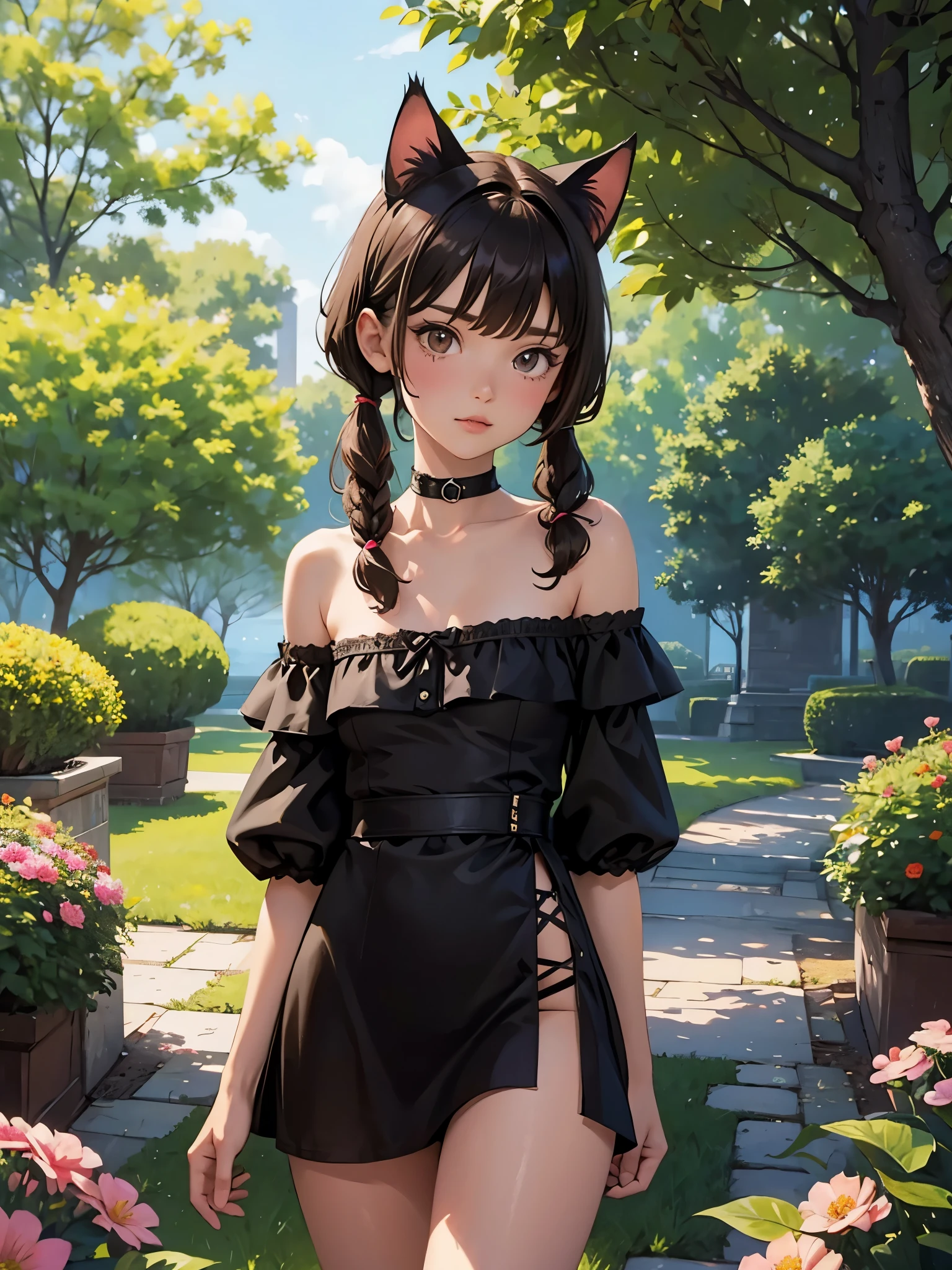 1 woman, small breasts, short hairs, double pigtails, cat ears, brunette, micro mini dress, off shoulder, brown and black, panties, scenery, tree, flowers