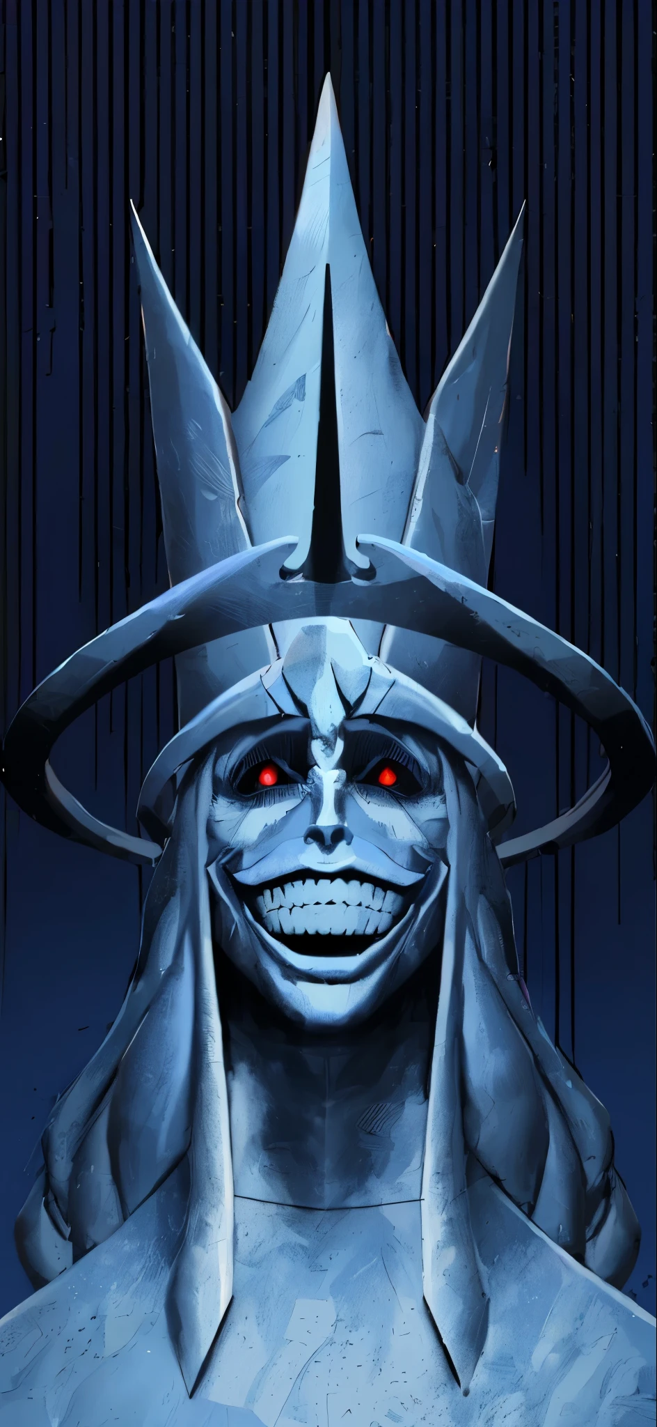 ((samdoesart)), a closeup of a statue of a man with a crown on his head, evil villain smile, sorriso maligno, retrato do deus da morte, arte digital, ((kinematics)), detalhado, stone statue, rocha, textura de pedra, 4k