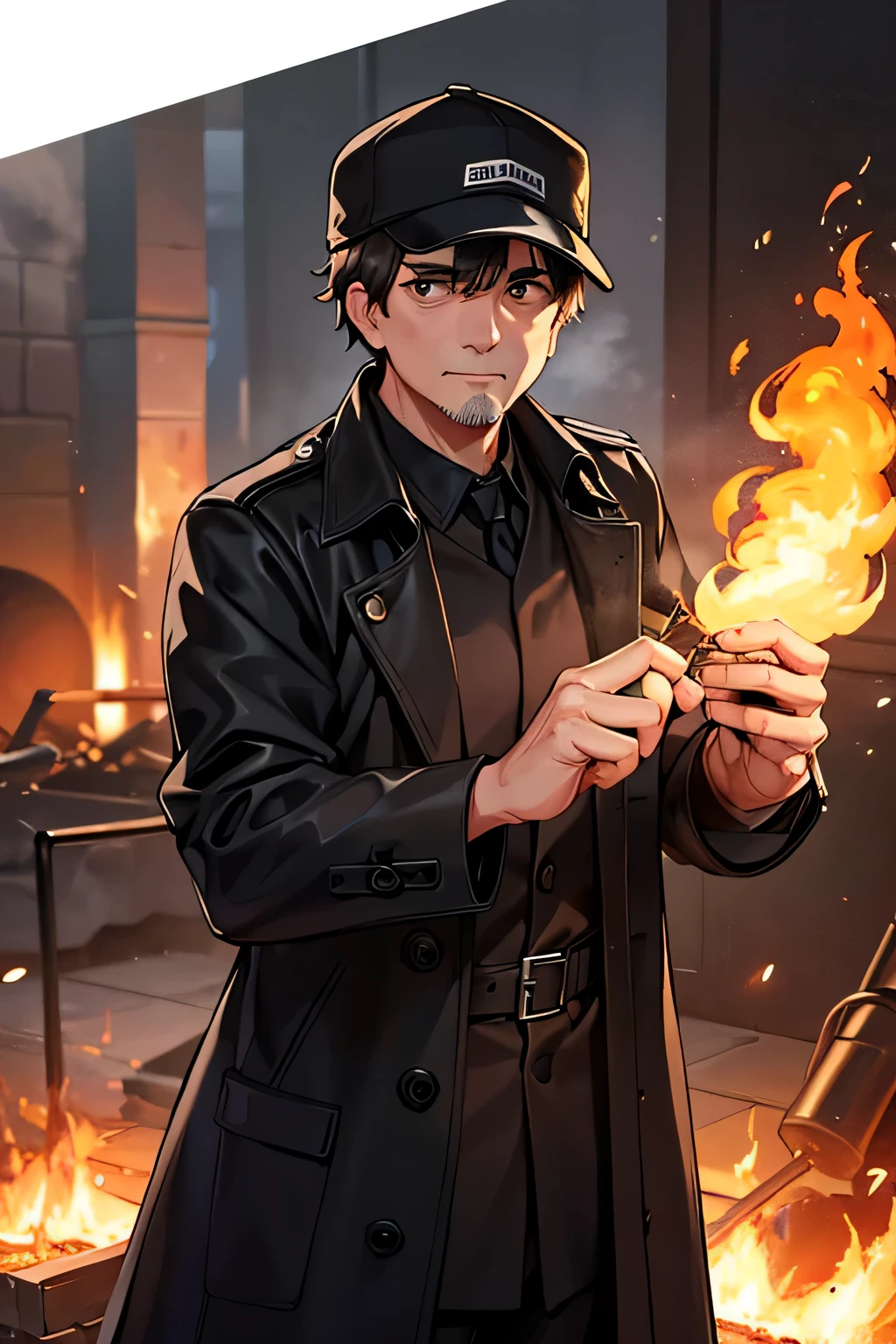 A man wearing a baseball cap、A middle-aged man wearing a black trench coat stands in front of the corpse incinerator,Flames burst out of your hands。.
