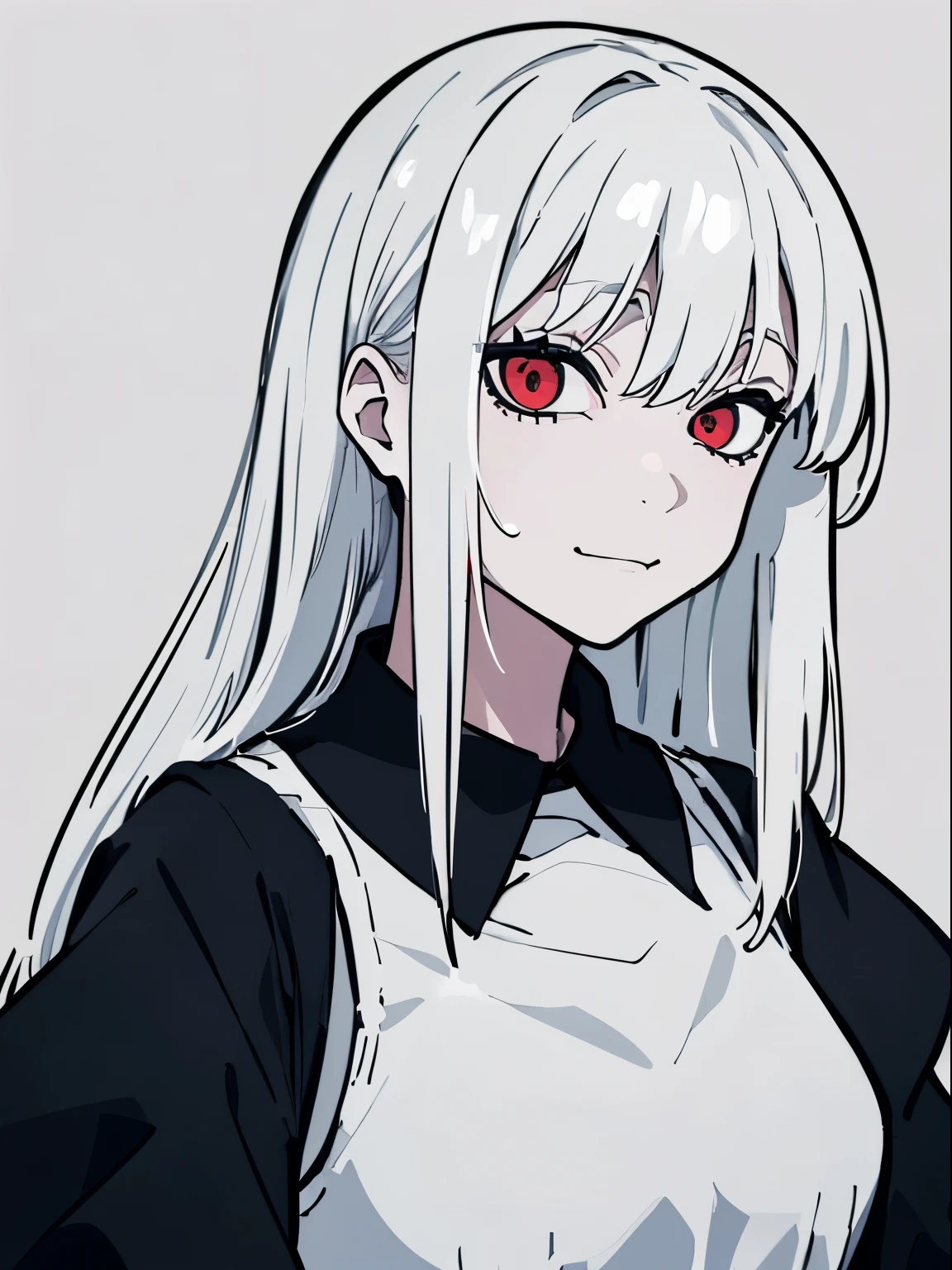 (Gothic),(Gothic Clothes),style of painting,(empty background),((Flat chest)),(Front Portrait), (Black and whature Women,((Microthorax)),(High cold),Hey, hey, smile,monochrome, blank stare, dead fish eyes, cool beauty,half lidded eyes, indifferent expression, black and white portrait, bored, impassive, loner,(Alone),Wispy bangs,Textured straight,Above the waist,((White Hair)),(Red Pupil),((White Dress)),Shirt,Wispy bangs