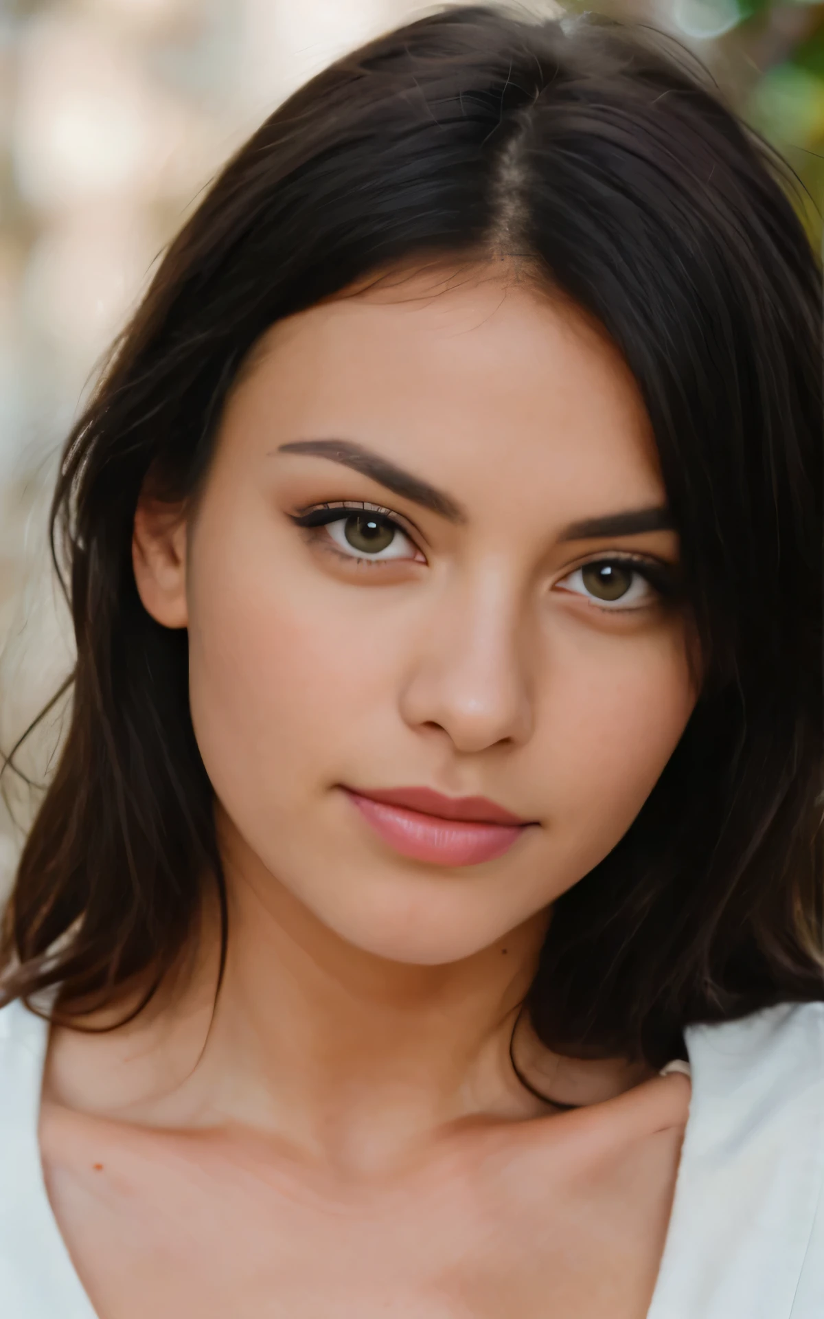 beautiful brunette looking directly at the camera, very detailed,opposite the camera, 21 years old, innocent face, natural wavy hair, green light eyes, high resolution, masterpiece, best quality, intricate details, highly detailed, sharp focus, detailed skin, realistic skin texture, texture, detailed eyes, professional, 4k, charming smile, shot on Canon, 85mm, shallow depth of field, kodak vision color, perfect fit body, extremely detailed, foto_\(ultra\), photorealistic, realistic, post-processing, maximum detail, roughness, real life, ultra realistic, photorealism, photography, 8k uhd, photography