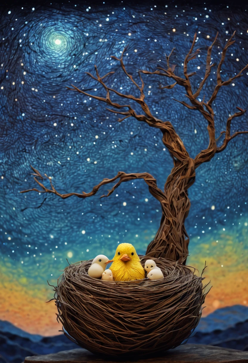 a newborn bird, the bird is abnormally fat and the nest is located in a bonsai, the nest breaks due to the weight of the chick and the chick falls, in a pot, surreal, funny, comic, starry sky, zentangle, origami, cinematic, emotional, epic, vincent van gogh,....by my self...lol