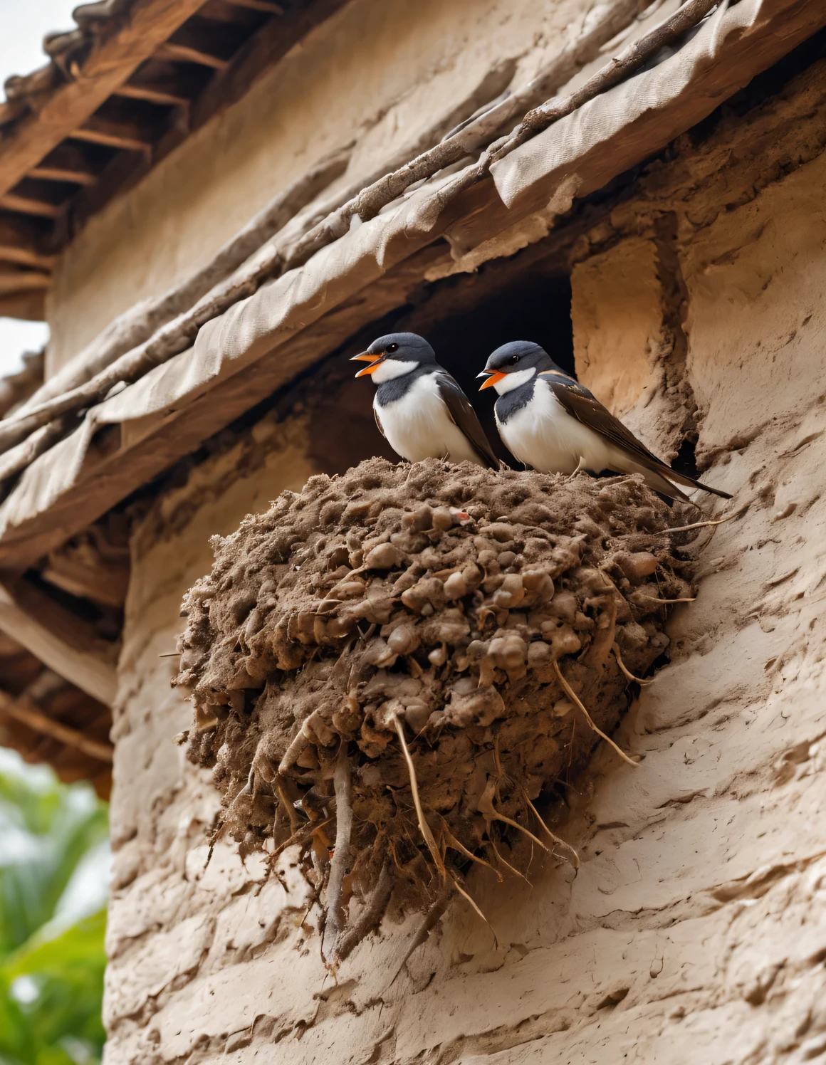 (Two little swallows fly and build a nest),The little swallow is busy picking up mud,The little mouth keeps opening and closing,The mud chunks picked up each time are not big..,Carefully place the mud blocks under the eaves,Nests are often found in human dwellings.,in the gaps between bridges and other buildings,Sometimes they also build nests in tree holes。The nest is mainly made of a mixture of mud and saliva,cup or disk,There are multiple chambers inside,Used for hatching eggs。The nest has a rough appearance,Color is gray or brown,It's smoother inside,The color is slightly lighter,background:White painted mud house