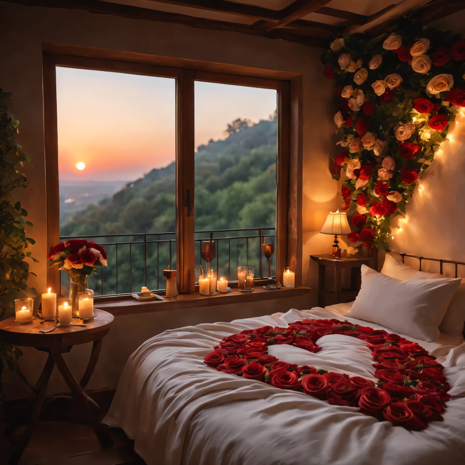 a cozy love nest,romantic details,intimate atmosphere,soft lighting,candlelit dinner,floral decorations,warm color tones,soft textures,lovers embracing,gentle kisses,whispered words of love,peaceful ambiance,heart-shaped decorations,lovely music playing in the background,carefully arranged pillows,romantic artwork hanging on the walls,thoughtful surprises,entwined hands,shared laughter,passionate embraces,meaningful conversations,couples' portraits,love letters scattered on the table,flickering fireplace,sparkling champagne,romantic sunset view,private balcony overlooking a beautiful landscape,intimate dinner for two,love notes hidden around the room,scented candles filling the air,soft jazz music creating a relaxed mood,beautifully arranged roses,breakfast in bed,gentle morning light streaming through the window,lovers cuddling under a cozy blanket,shared dreams and aspirations. (best quality,4k,8k,highres,masterpiece:1.2),ultra-detailed,(realistic,photorealistic,photo-realistic:1.37),soft colors,painterly style,romantic ambiance,warm and inviting atmosphere.