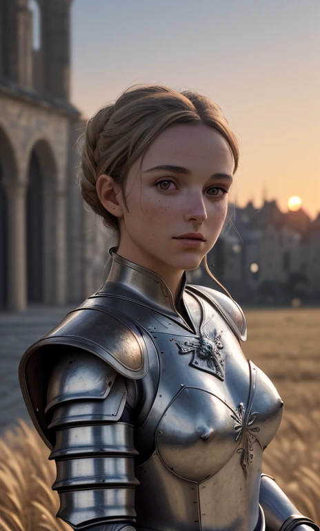 (chef-d'artwork), (extremely complex:1.3), (Realistic), Portrait d'une jeune fille, Le plus beau dans le monde, (Medieval armor), metallic reflections, Haut du corps, en plein air, soleil intense, distant castle, photographie professionnelle d'a beautiful detailed woman, Sharpness, spectaculaire, prime, cinema lighting, unreal rendering engine'octane, dtx volumetry, (grain de film, blurred background, premier plan flou, Bokeh, profondeur de champ, coucher de soleil, flou de mouvement:1.3), cotte de mailles