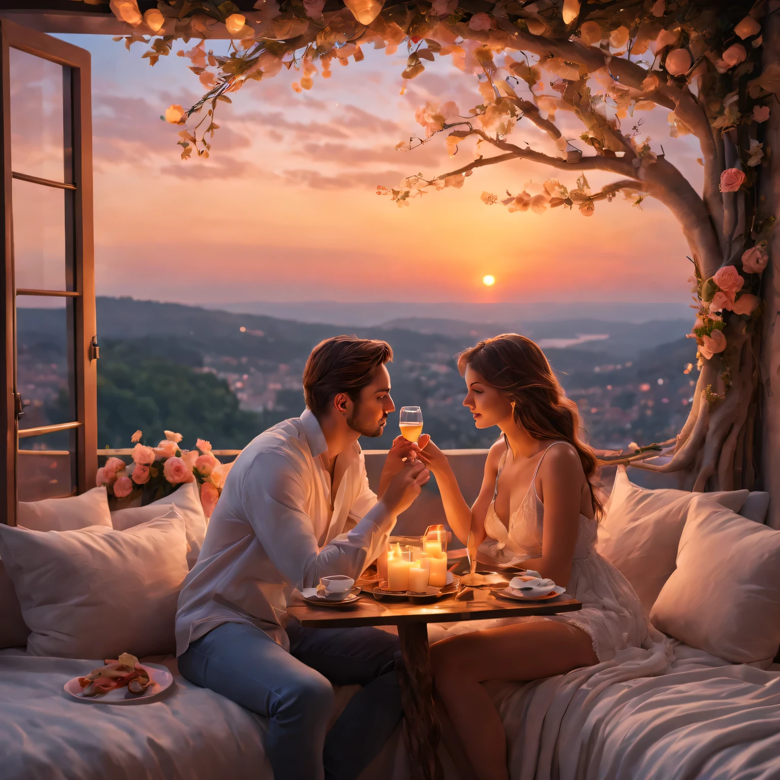 a cozy love nest,romantic details,intimate atmosphere,soft lighting,candlelit dinner,floral decorations,warm color tones,soft textures,lovers embracing,gentle kisses,whispered words of love,peaceful ambiance,heart-shaped decorations,lovely music playing in the background,carefully arranged pillows,romantic artwork hanging on the walls,thoughtful surprises,entwined hands,shared laughter,passionate embraces,meaningful conversations,couples' portraits,love letters scattered on the table,flickering fireplace,sparkling champagne,romantic sunset view,private balcony overlooking a beautiful landscape,intimate dinner for two,love notes hidden around the room,scented candles filling the air,soft jazz music creating a relaxed mood,beautifully arranged roses,breakfast in bed,gentle morning light streaming through the window,lovers cuddling under a cozy blanket,shared dreams and aspirations. (best quality,4k,8k,highres,masterpiece:1.2),ultra-detailed,(realistic,photorealistic,photo-realistic:1.37),soft colors,painterly style,romantic ambiance,warm and inviting atmosphere.